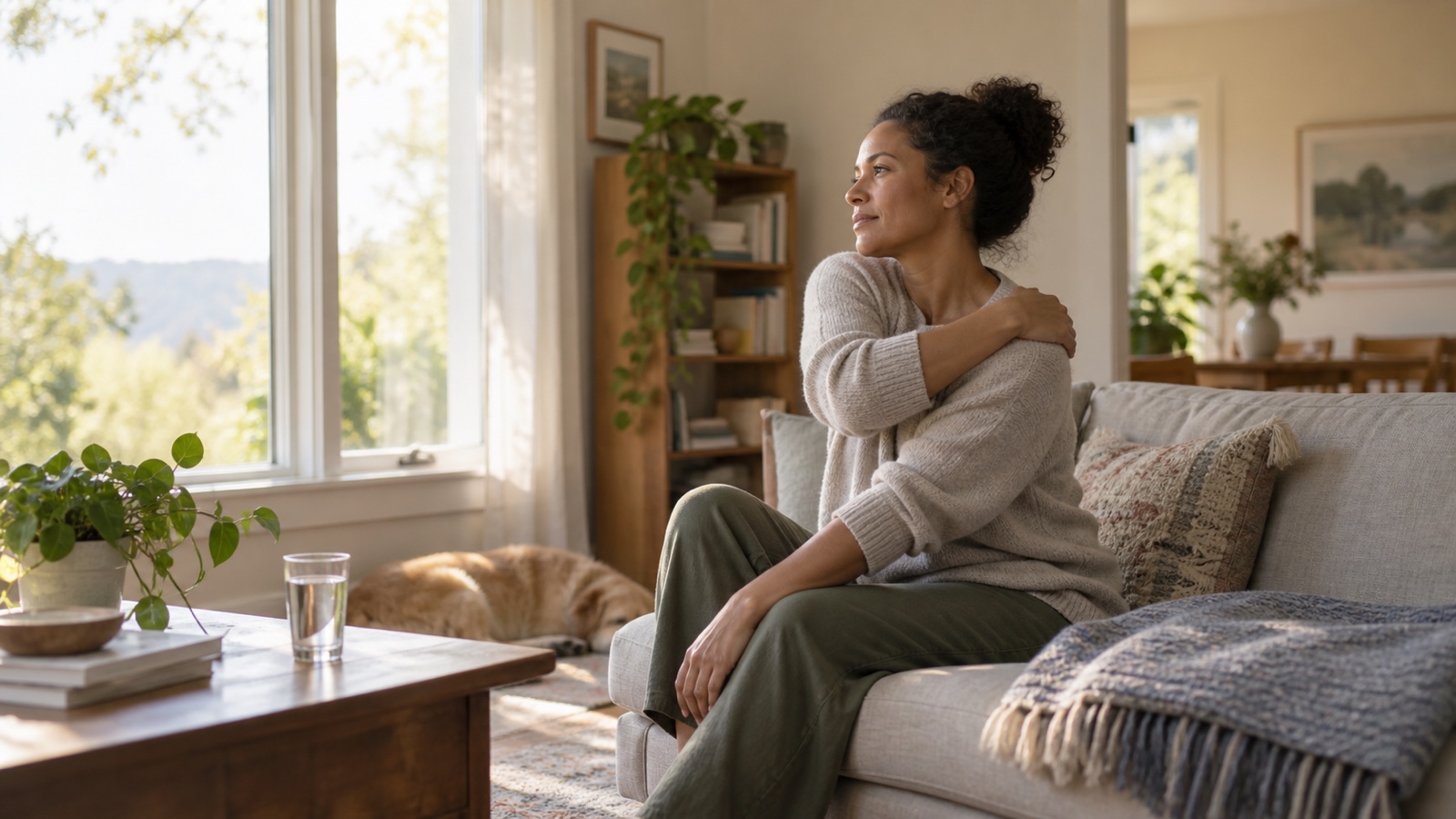 An adult sits by a sunny window and gently rests a hand on one shoulder