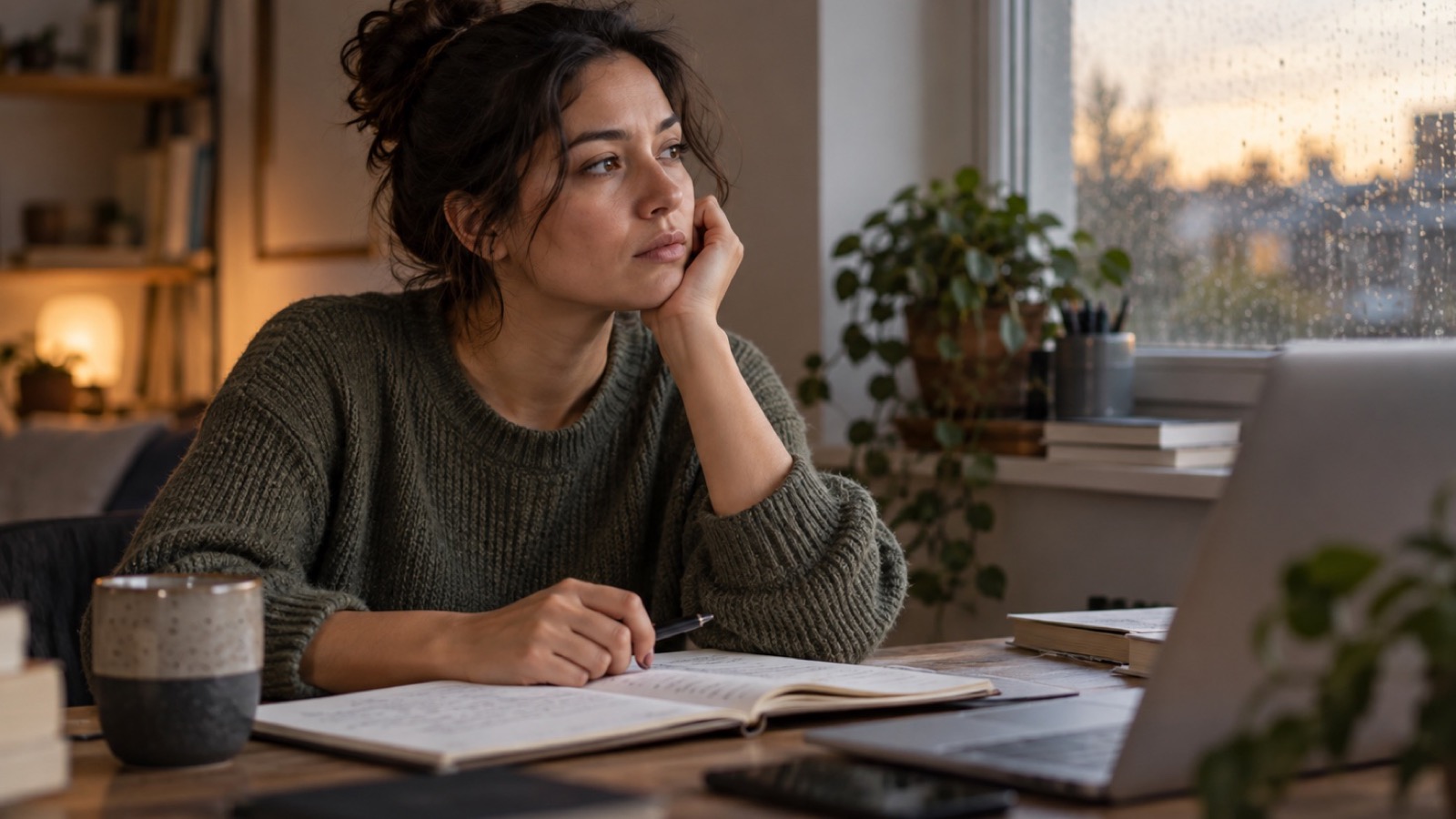 An adult pauses over an open notebook while working at home