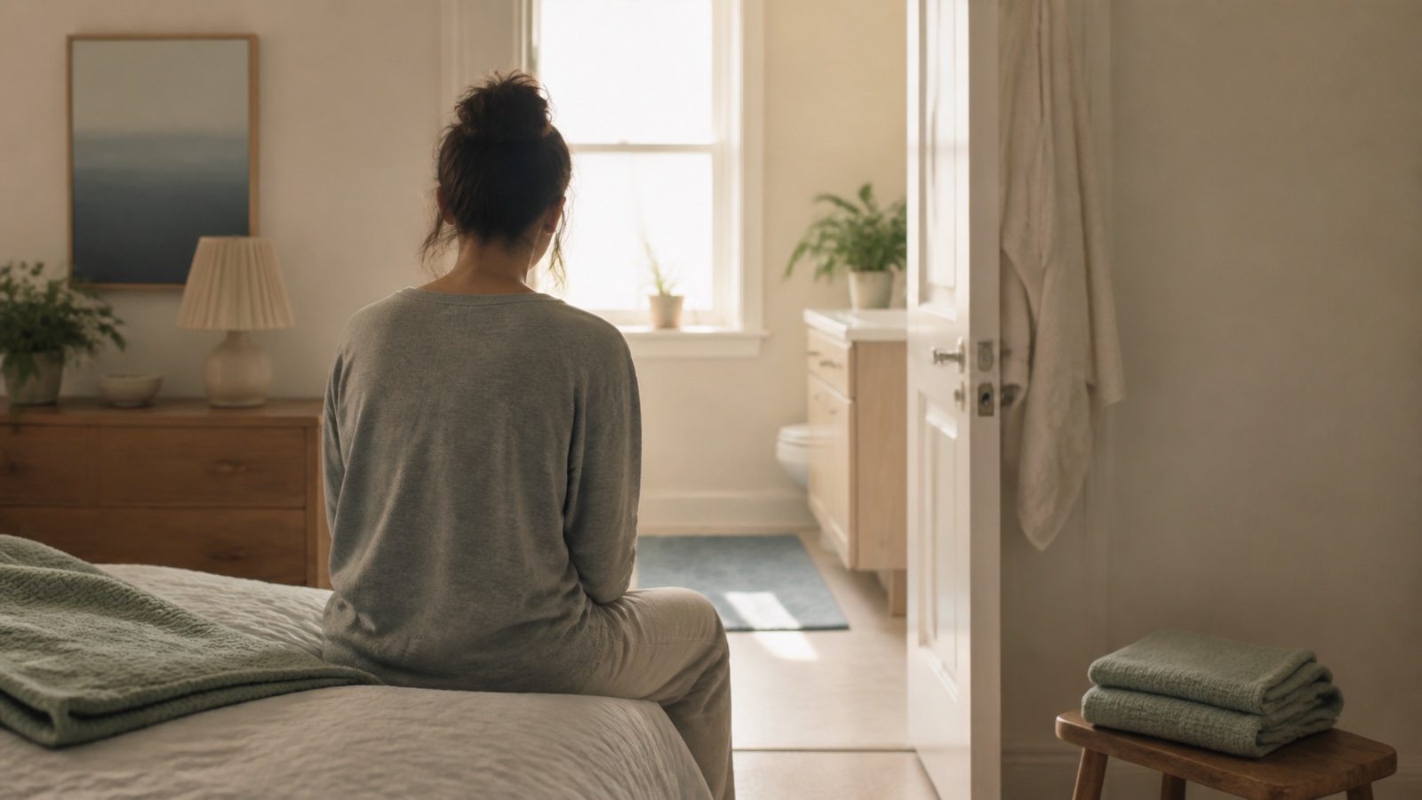 A person sits beside a softly lit bathroom with a folded towel nearby