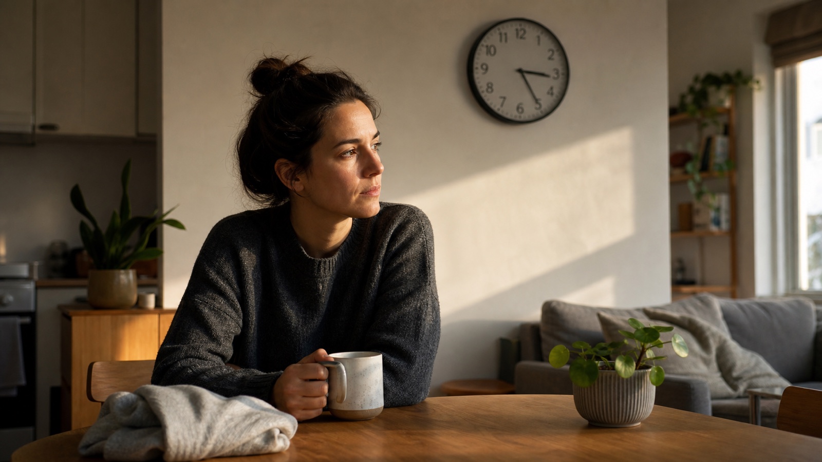 An adult sits quietly with a warm mug as late-afternoon light crosses the room