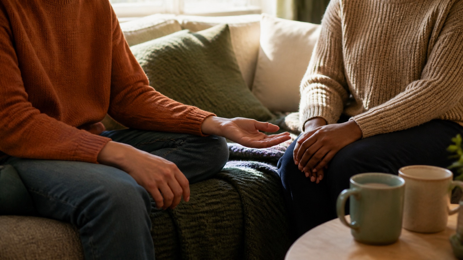 Two partners sit on a sofa with open, relaxed body language and space between their hands