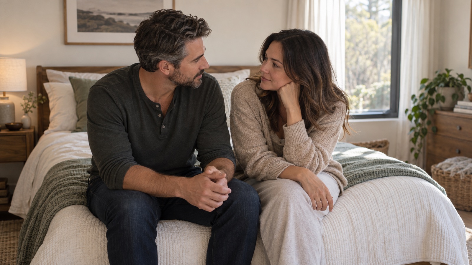 A couple sits close and has a careful conversation in a softly lit bedroom