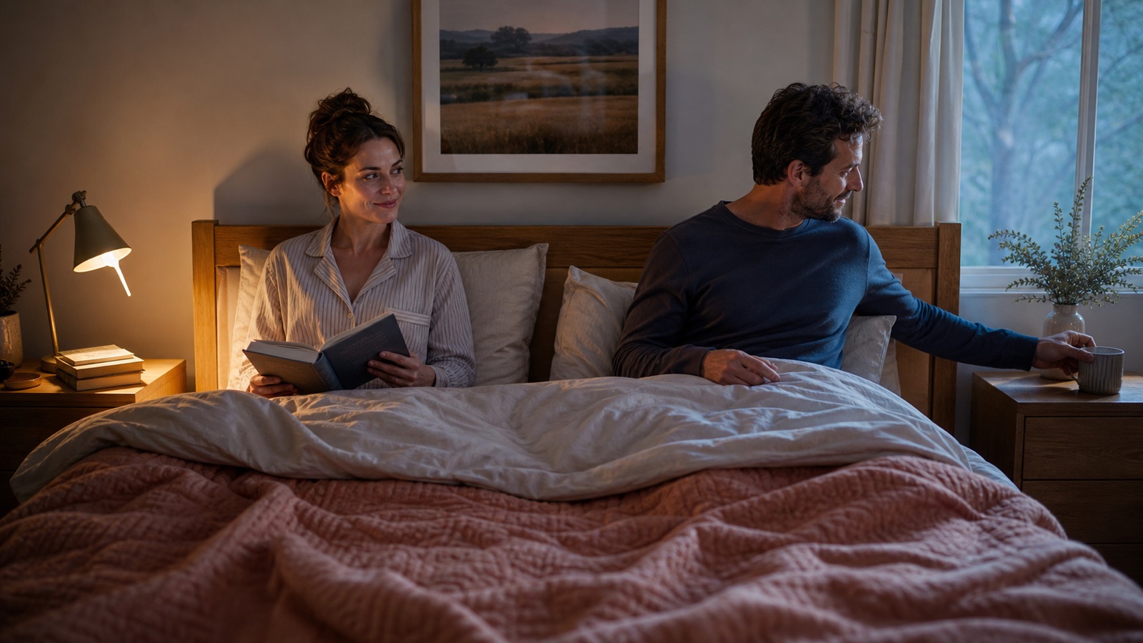 A couple sharing a warm glance while following different bedside routines at dawn