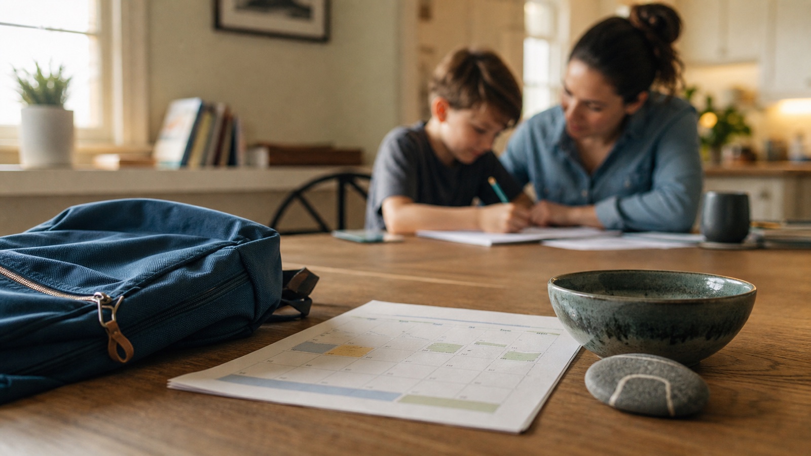 A child's backpack and family calendar sit near a calm homework routine at a kitchen table