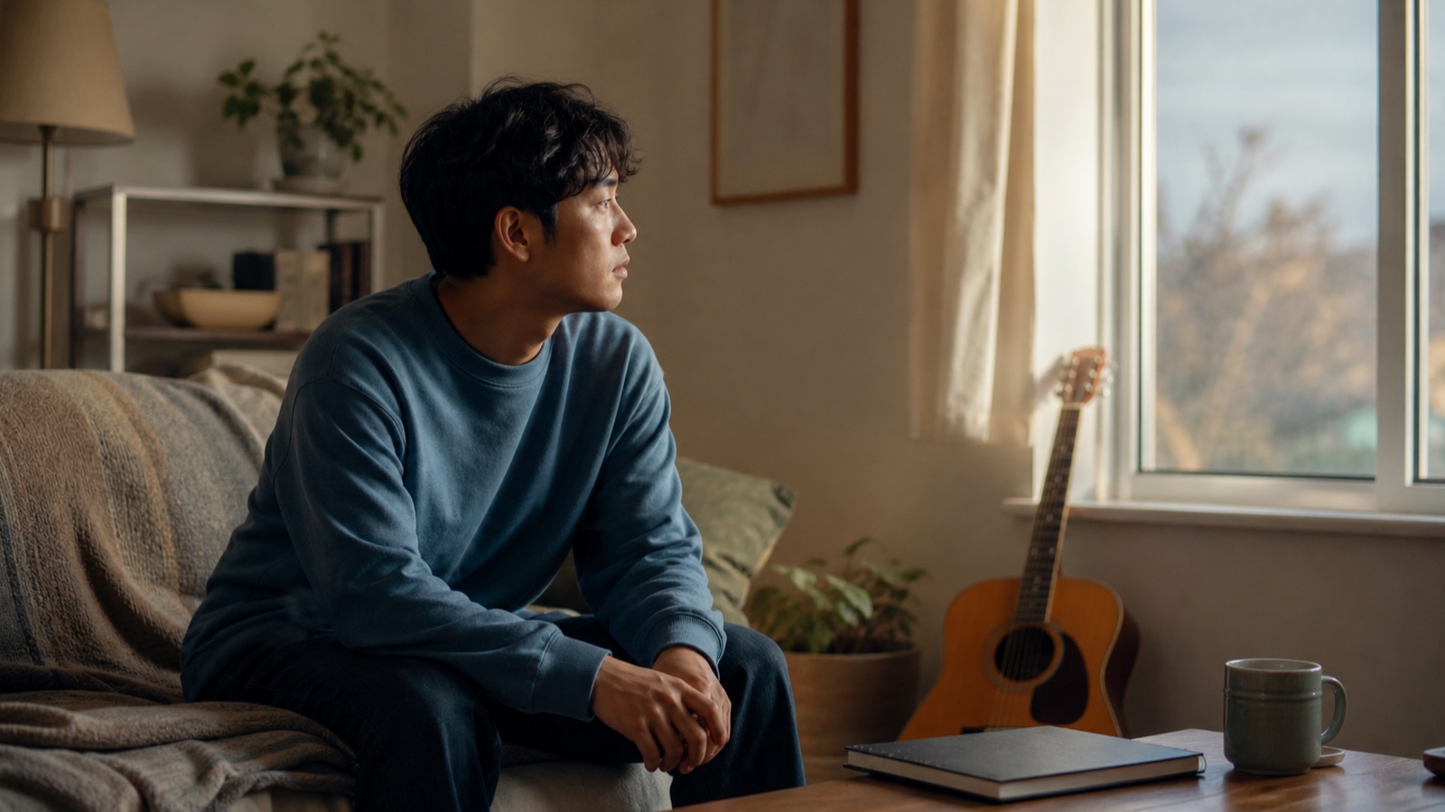 A person sits beside an untouched guitar in soft afternoon light