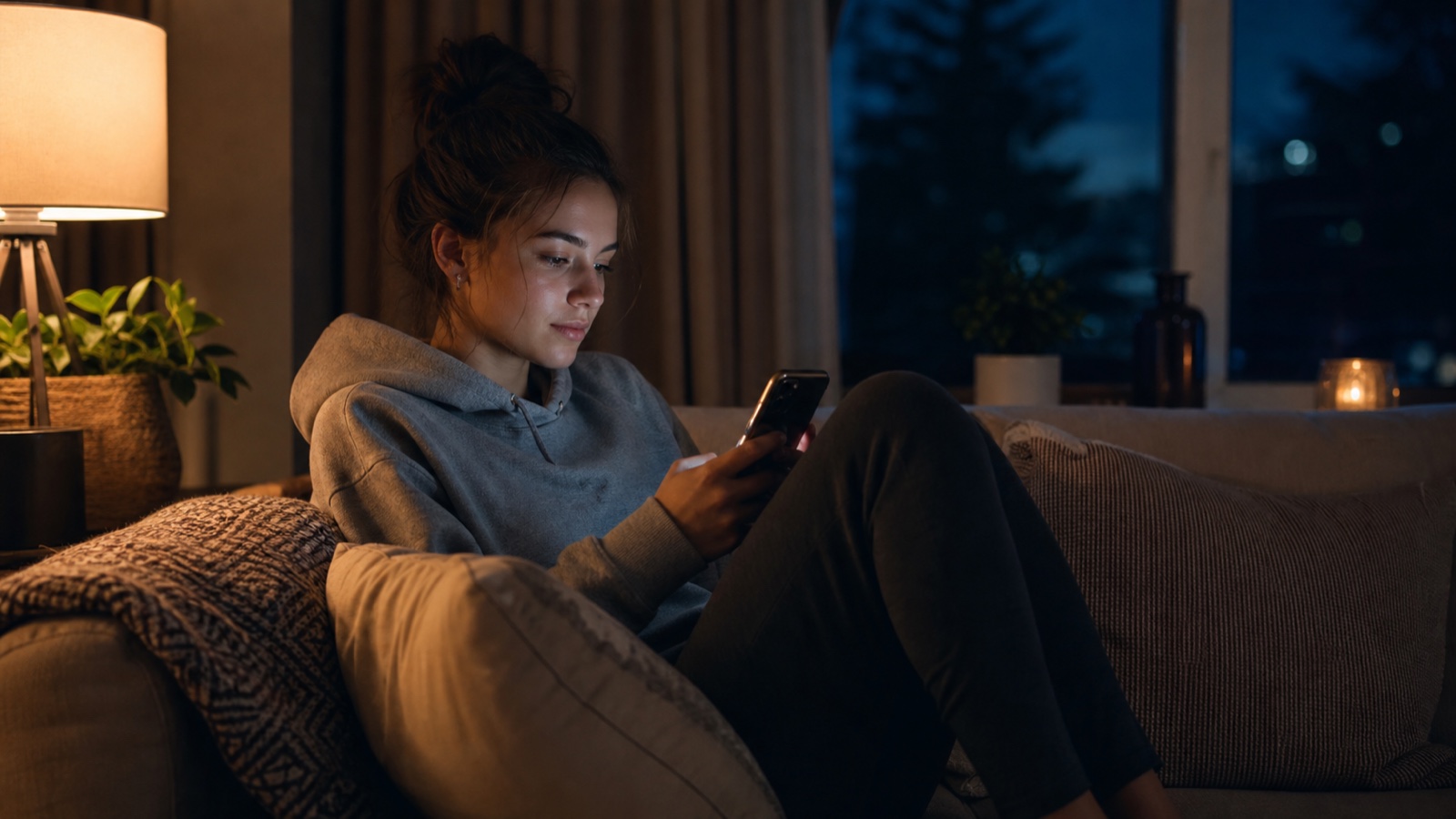 A young adult looking at a phone on a sofa at night