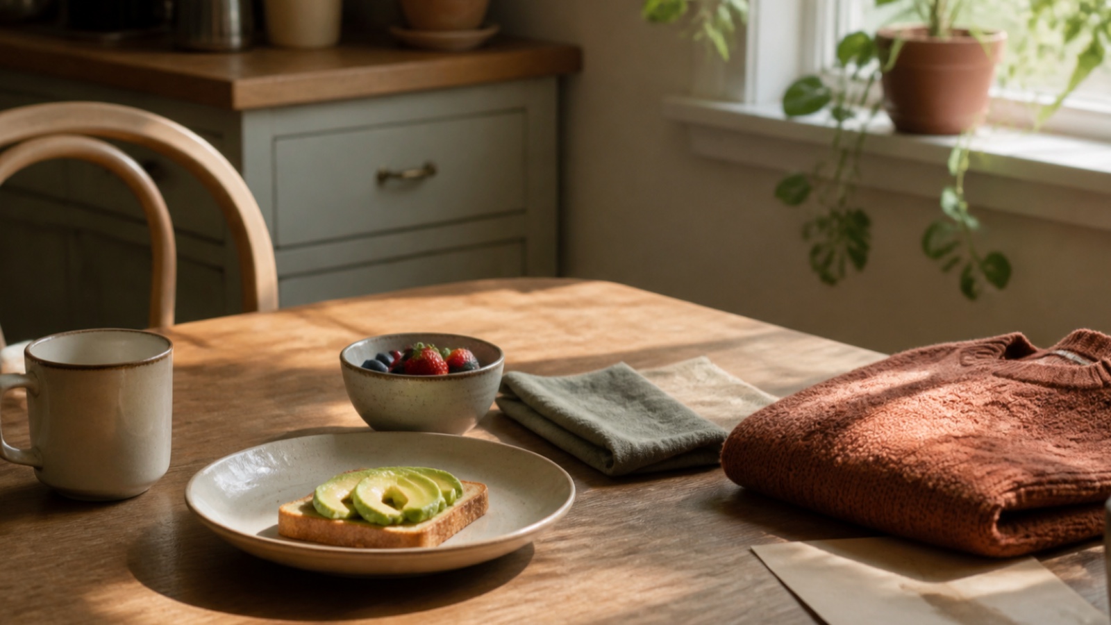 An ordinary breakfast waiting on a warm, sunlit kitchen table
