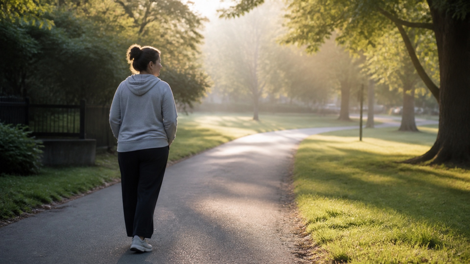 An adult takes a gentle morning walk along a quiet park path