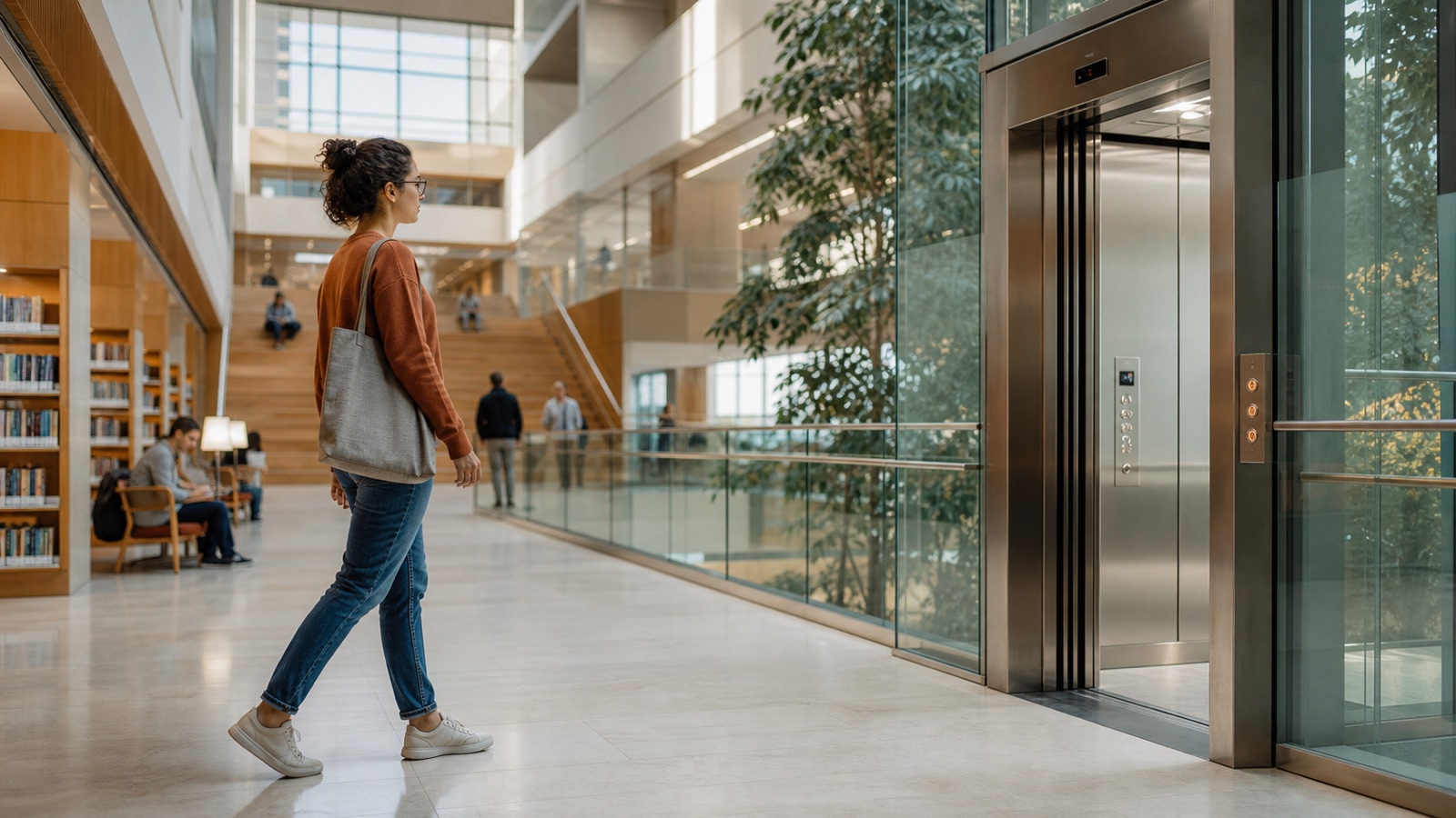 An adult takes a deliberate step toward an open glass elevator in a bright library