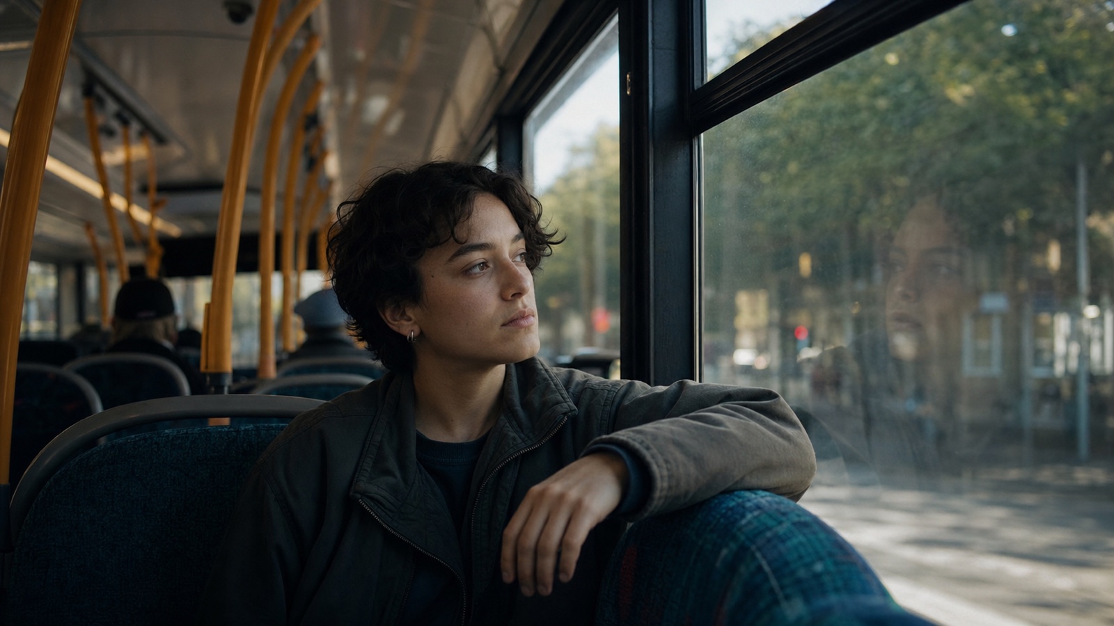 A young adult notices their reflection while riding a city bus