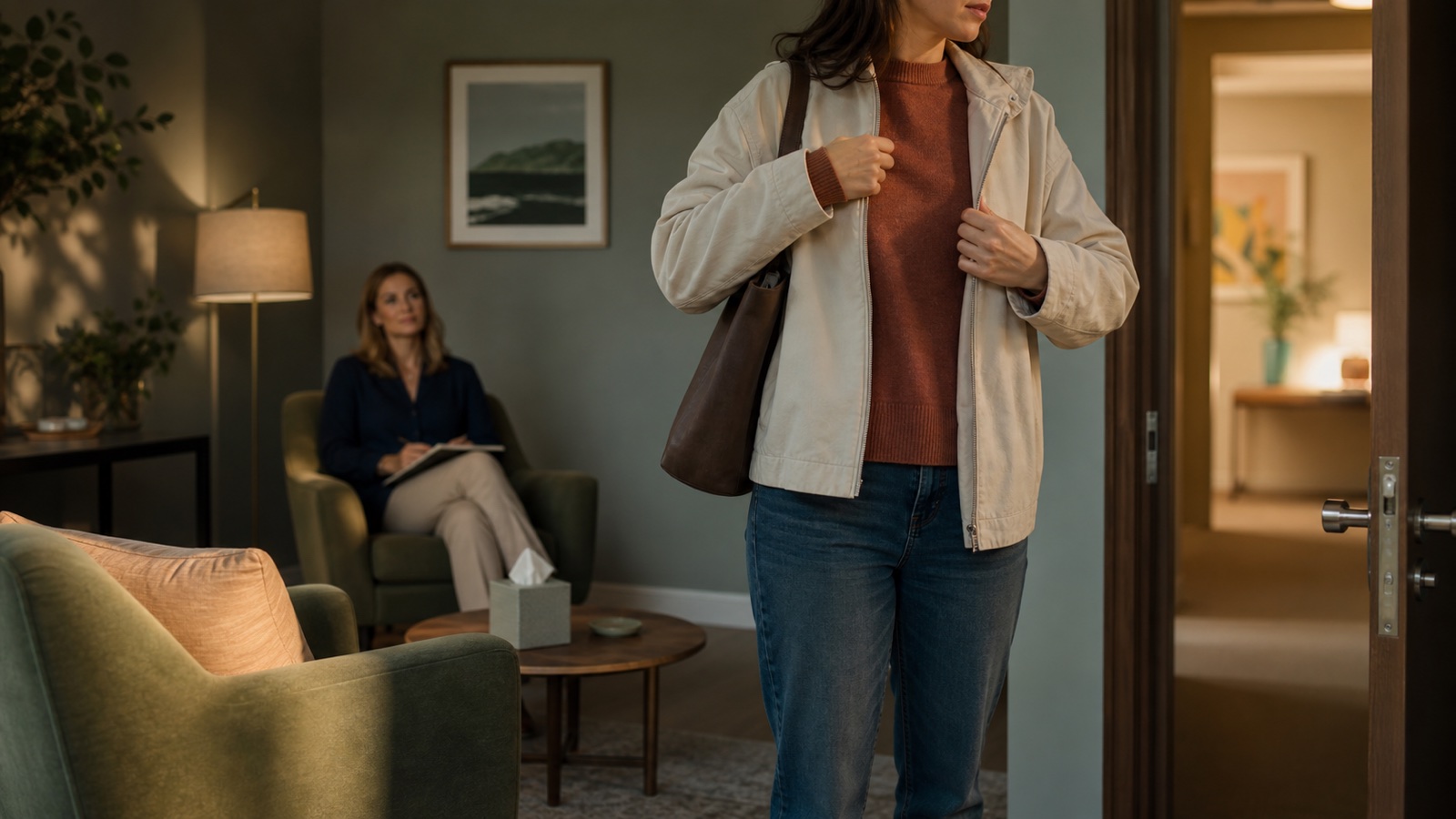 A person leaves a warmly lit therapy office after a reflective session