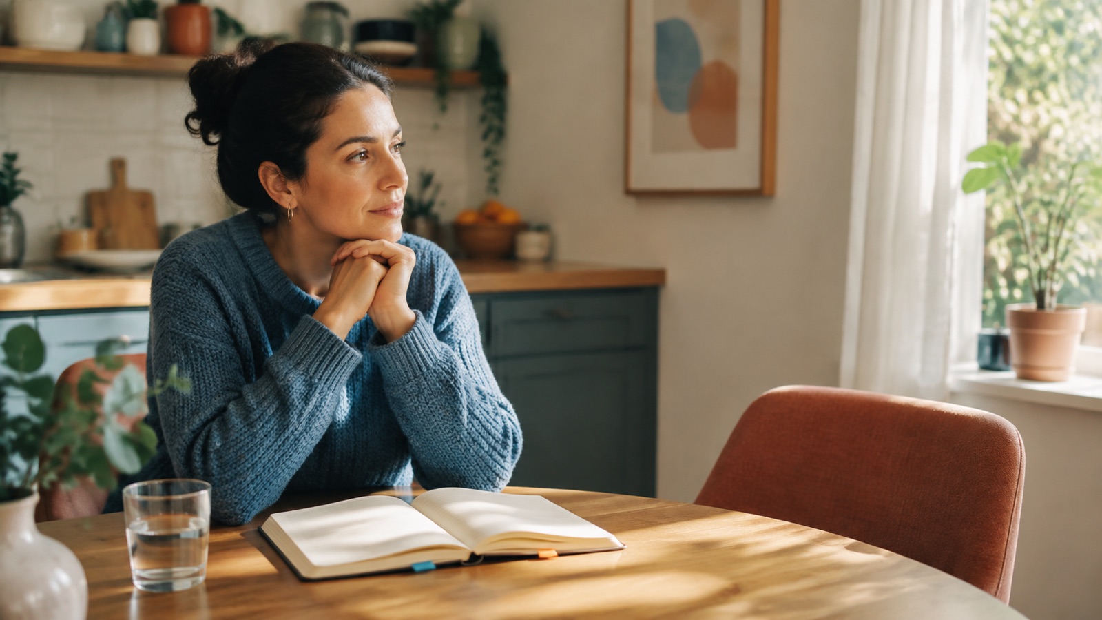 A person sits thoughtfully at a sunlit table with an open notebook and glass of water