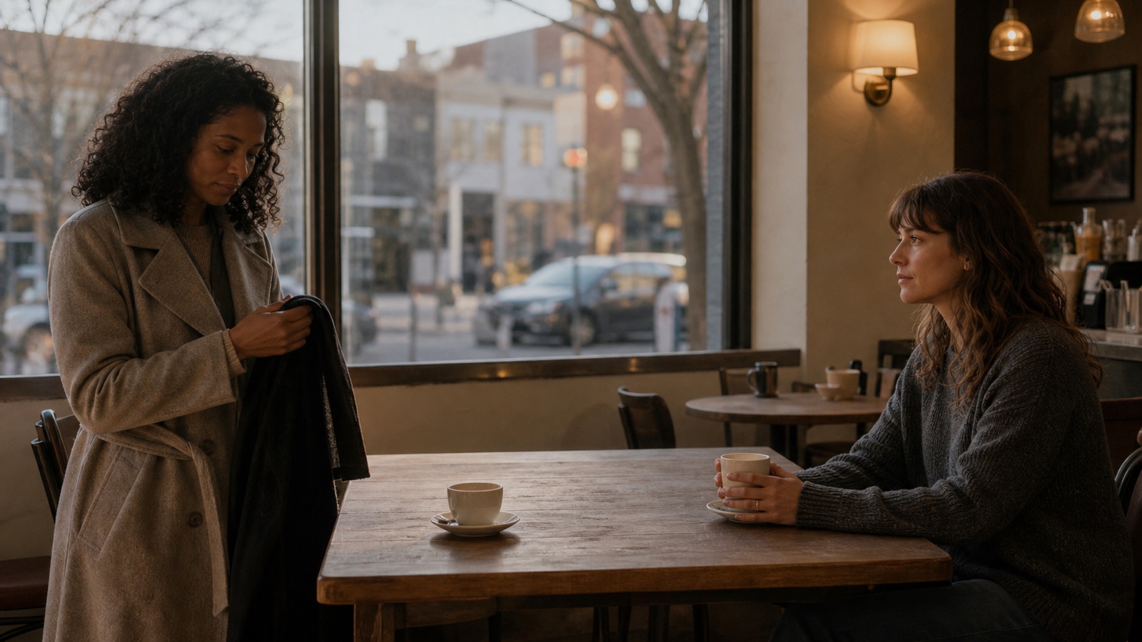 Two adult friends at the end of a difficult cafe conversation