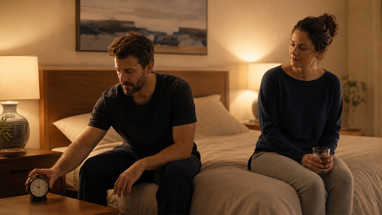 A tired couple sits with space between them on the edge of a bed beside a small alarm clock