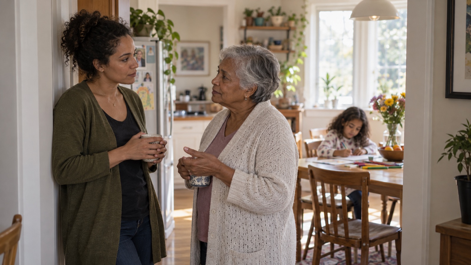 A parent and grandparent talk in a kitchen while a child draws nearby