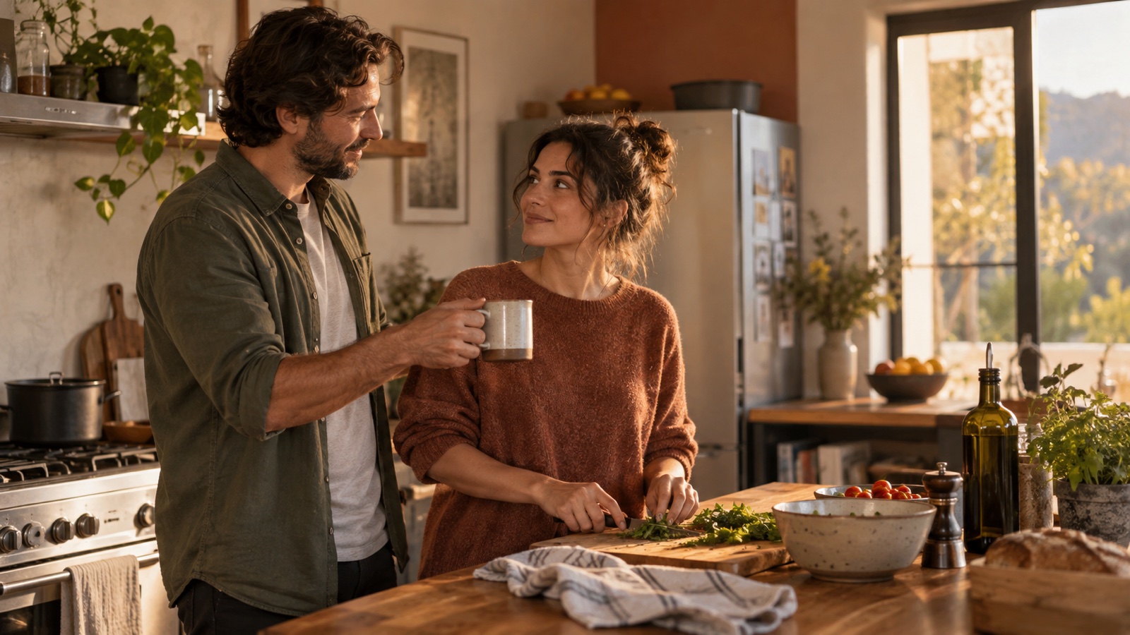 Two partners share a quiet appreciative look while preparing dinner