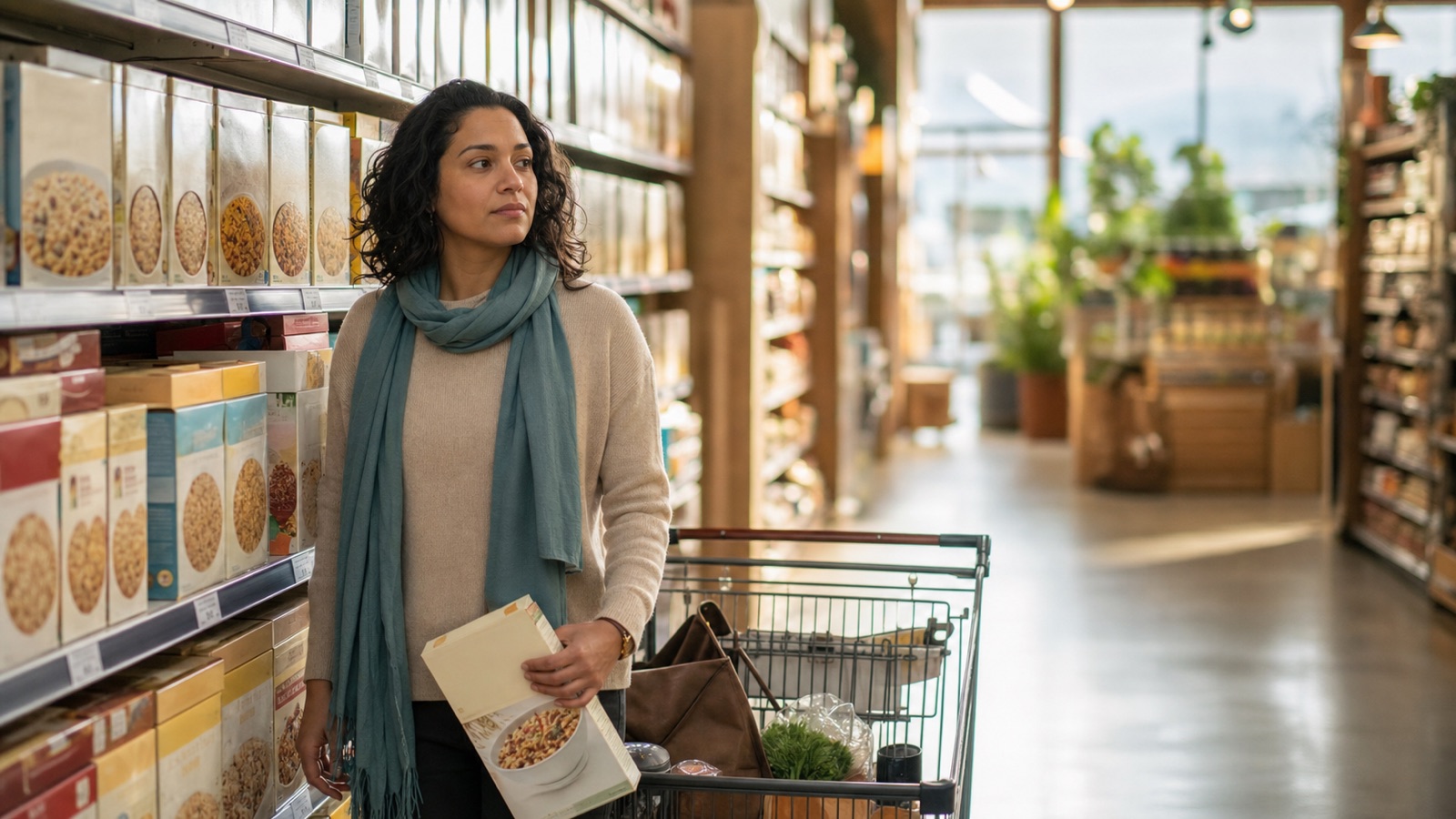 A shopper pauses reflectively in a softly lit grocery aisle