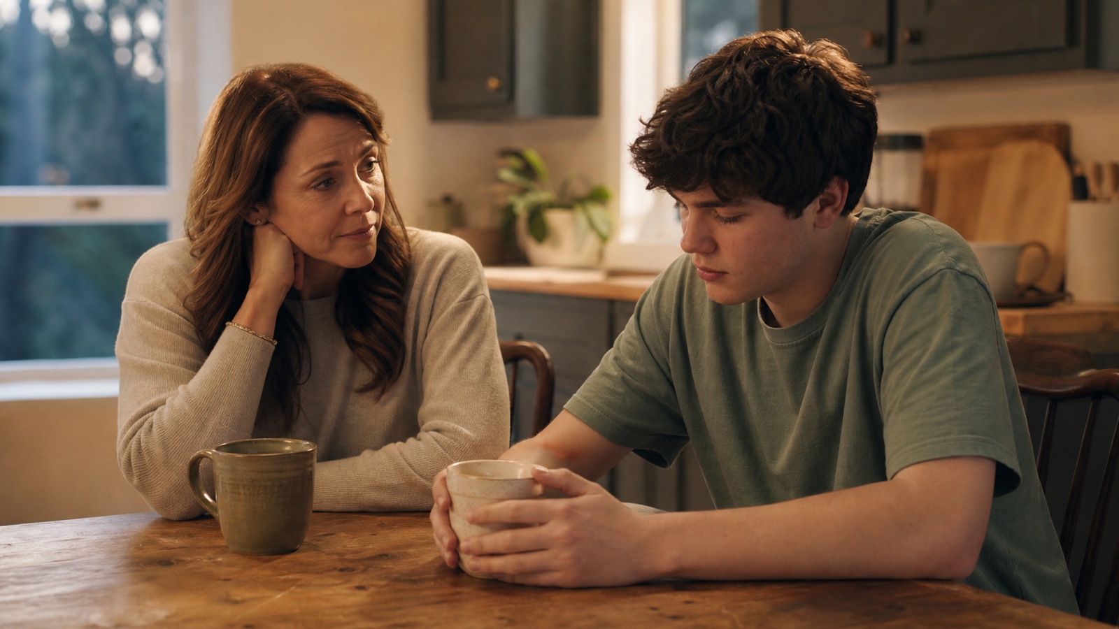 A parent and teenage child sitting together at a kitchen table during a quiet conversation
