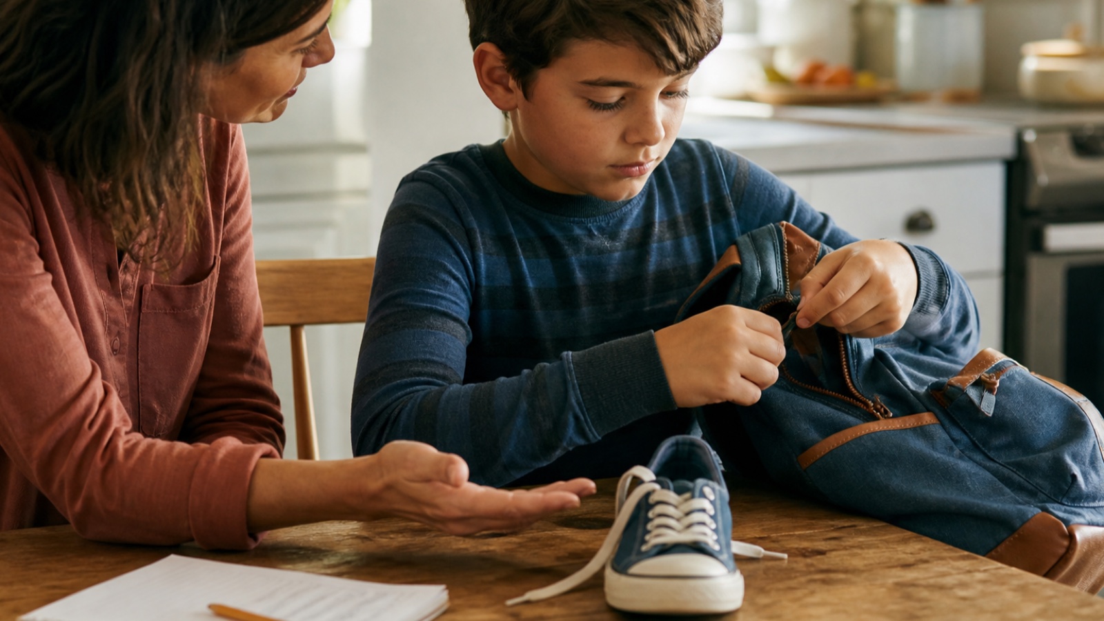 A parent stays nearby while a child packs a school bag at the kitchen table