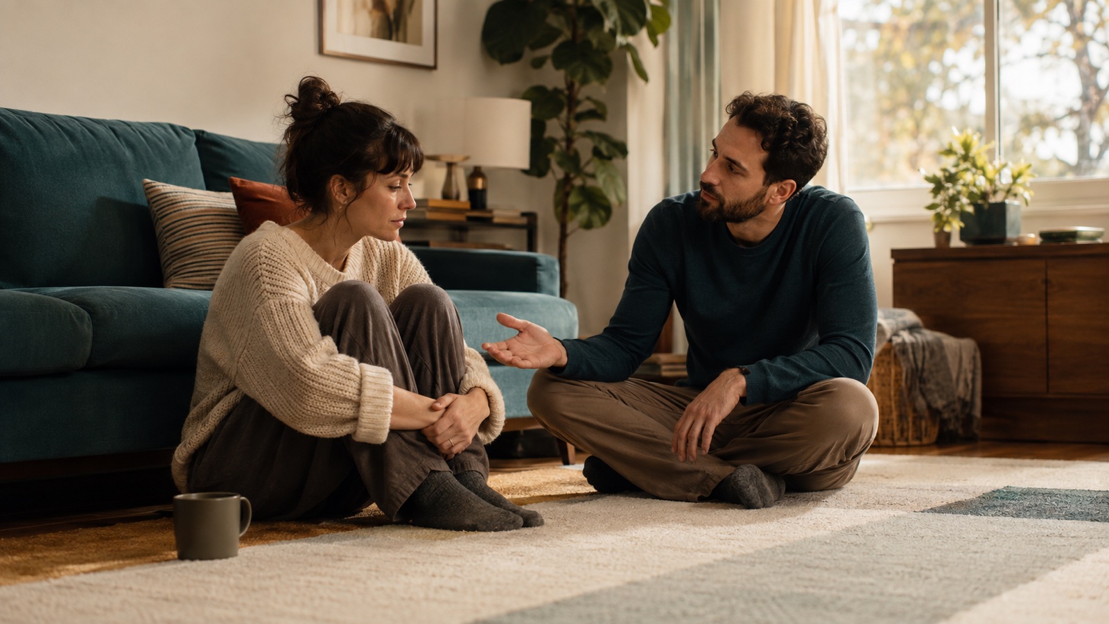 Two partners sit together on a living room floor while one offers calm, attentive support