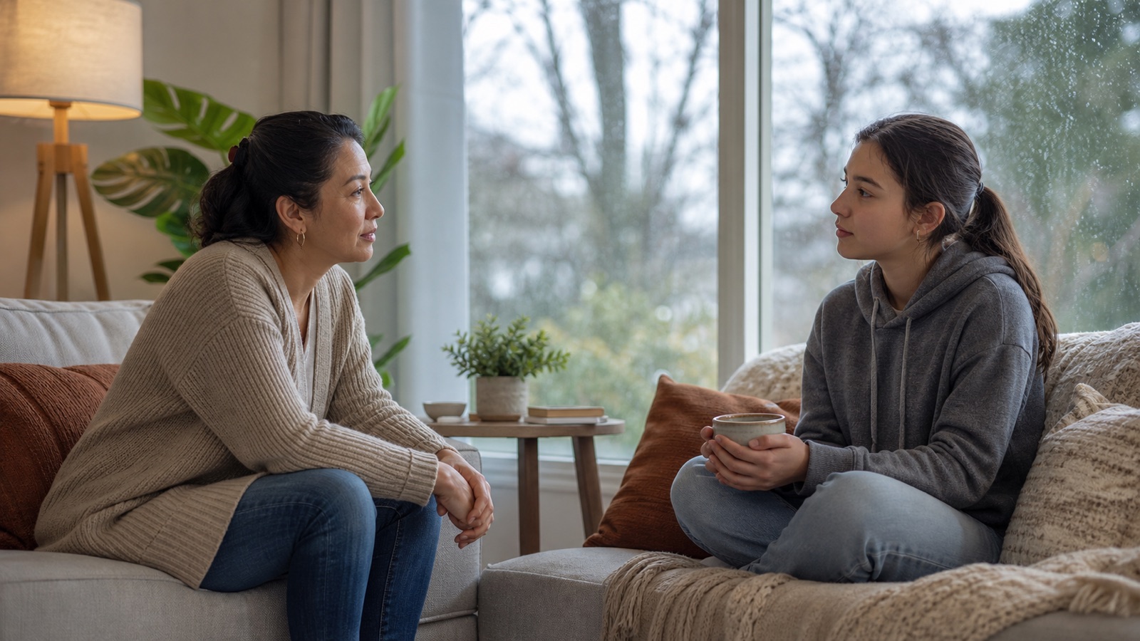 A parent listens to a teenager holding a warm mug in a living room on a rainy afternoon