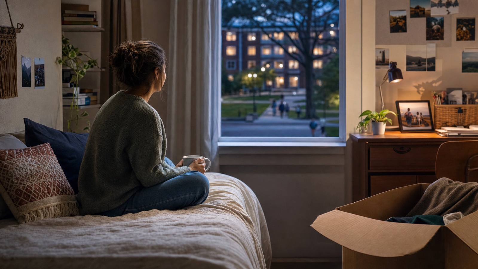 A college student with a familiar mug looks from a half-unpacked dorm room toward campus at dusk
