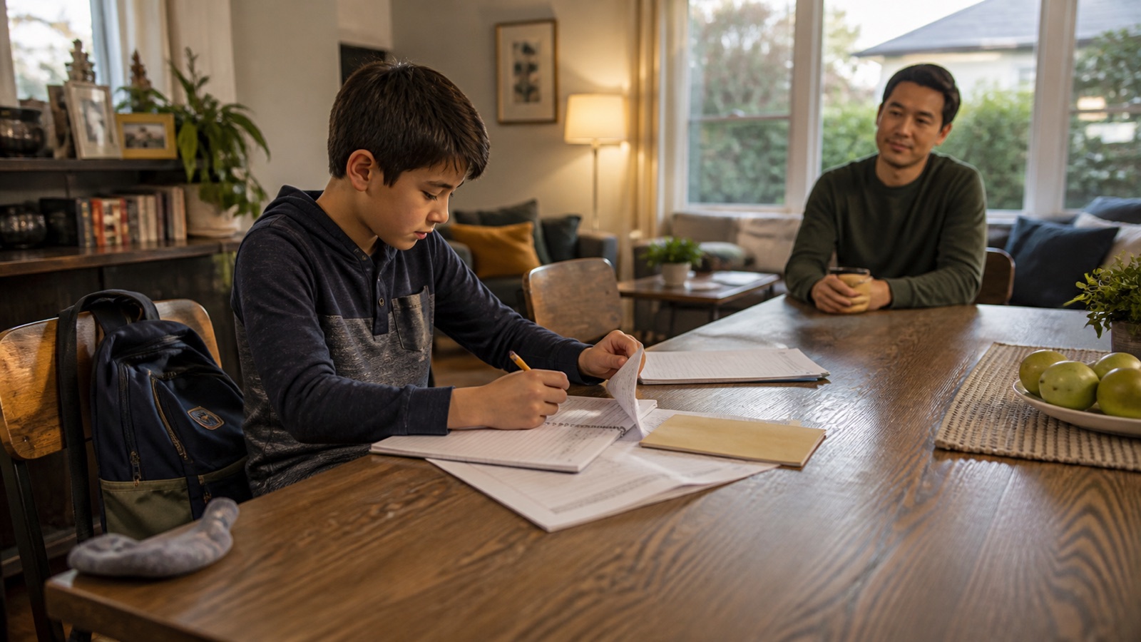 A child works at a dining table while a parent stays calmly available nearby