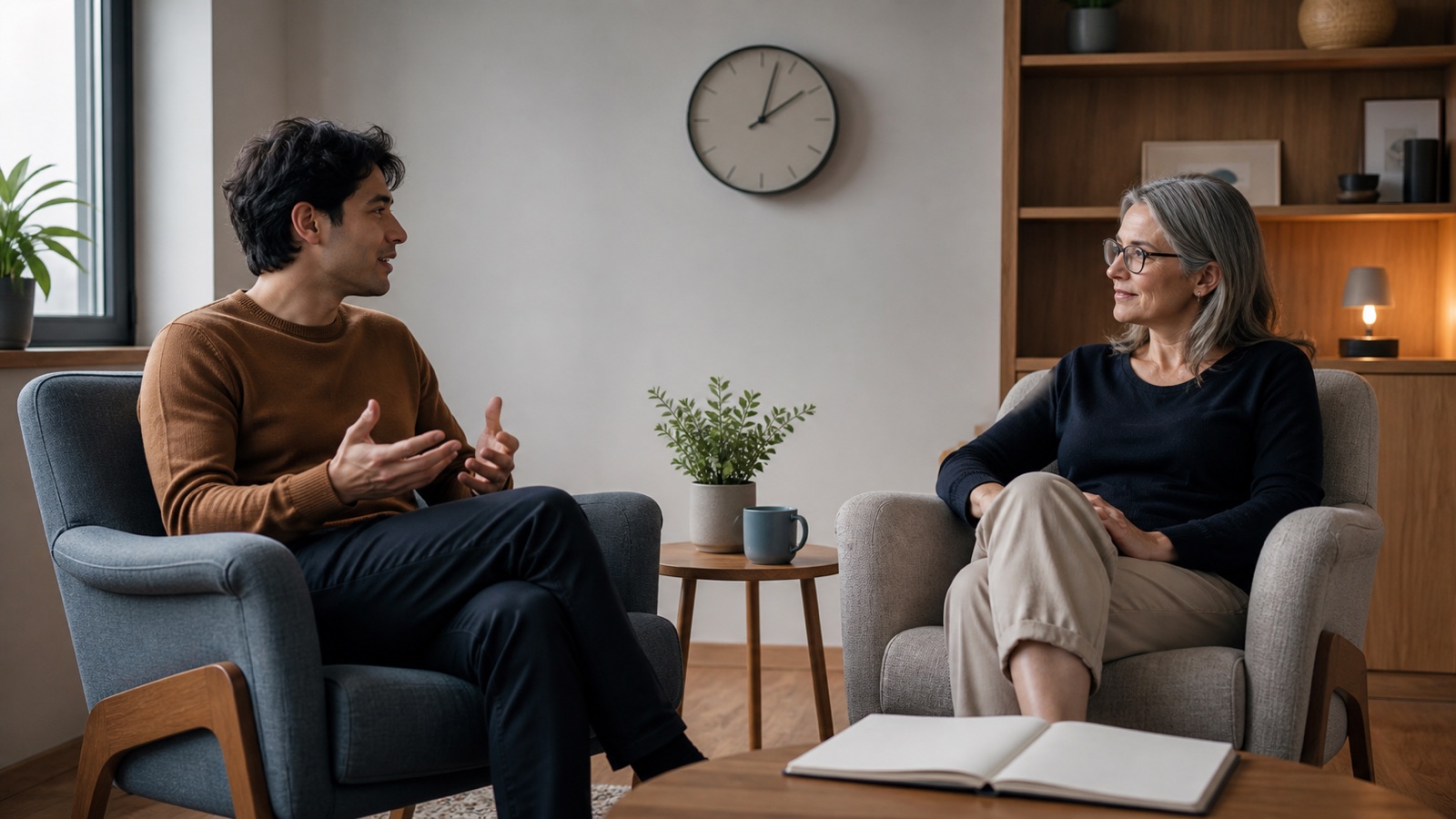 A client and therapist talk in a comfortable office with a clock nearby