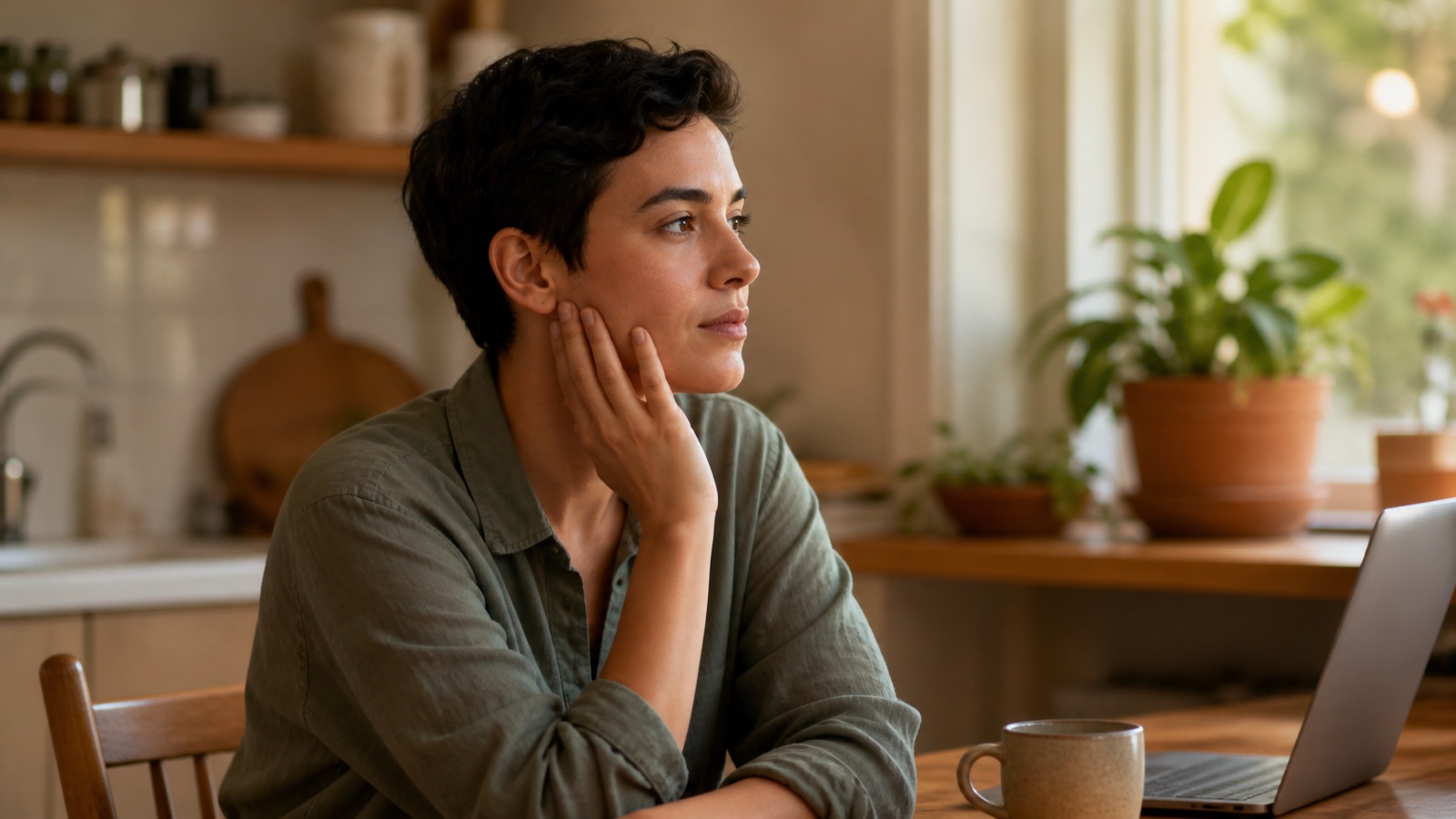 An adult at a kitchen table gently notices tension along the jaw