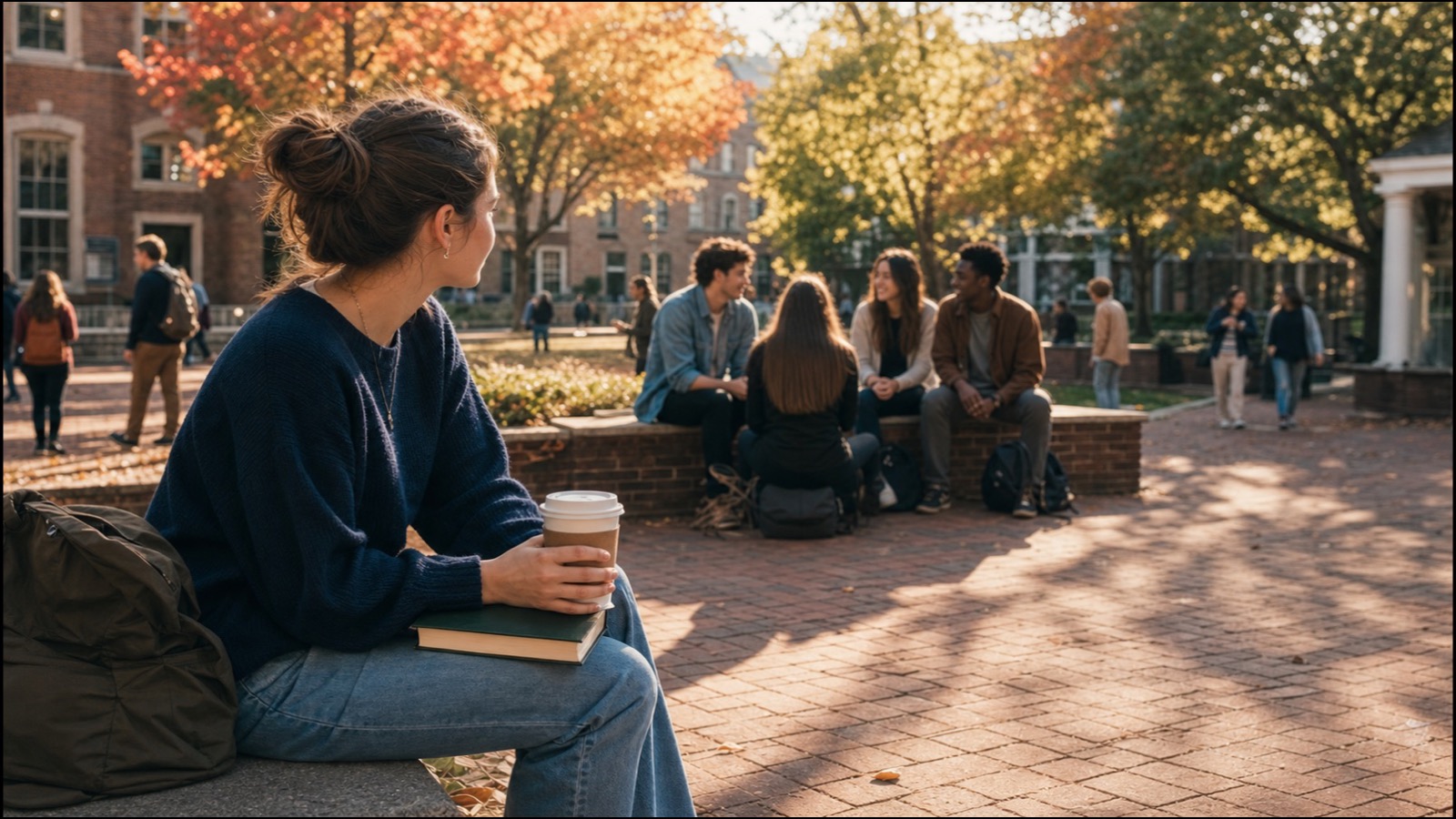 A college student sits at the edge of a sunny campus courtyard and looks toward other students