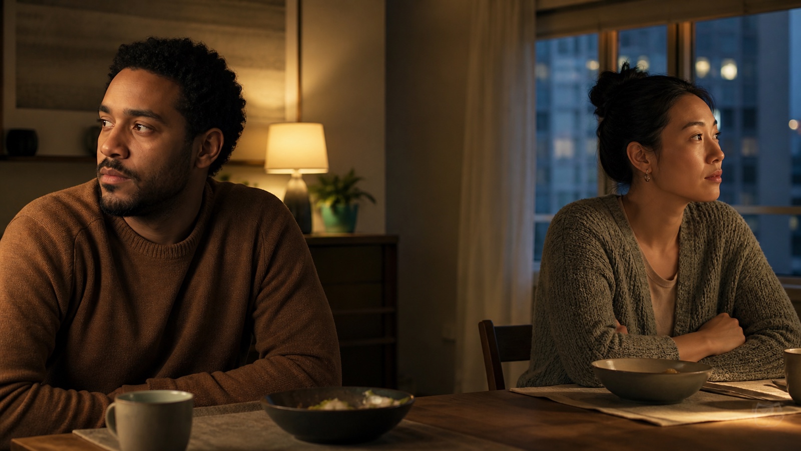 A couple sits near each other after dinner while each looks quietly toward a different window