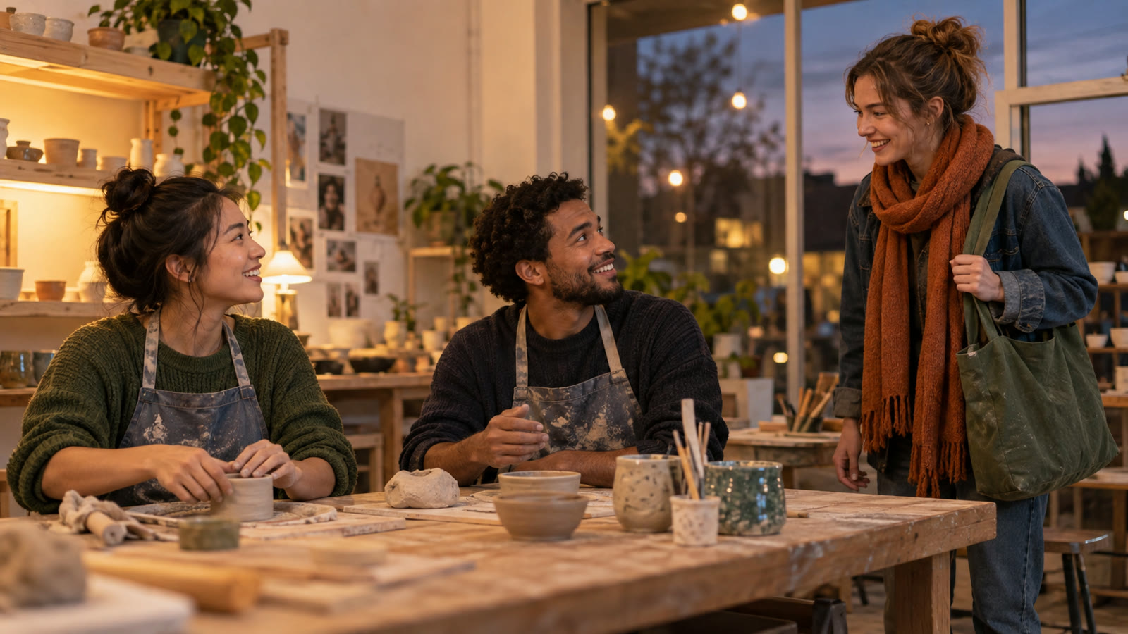 Young adults welcome a newcomer to an evening pottery class