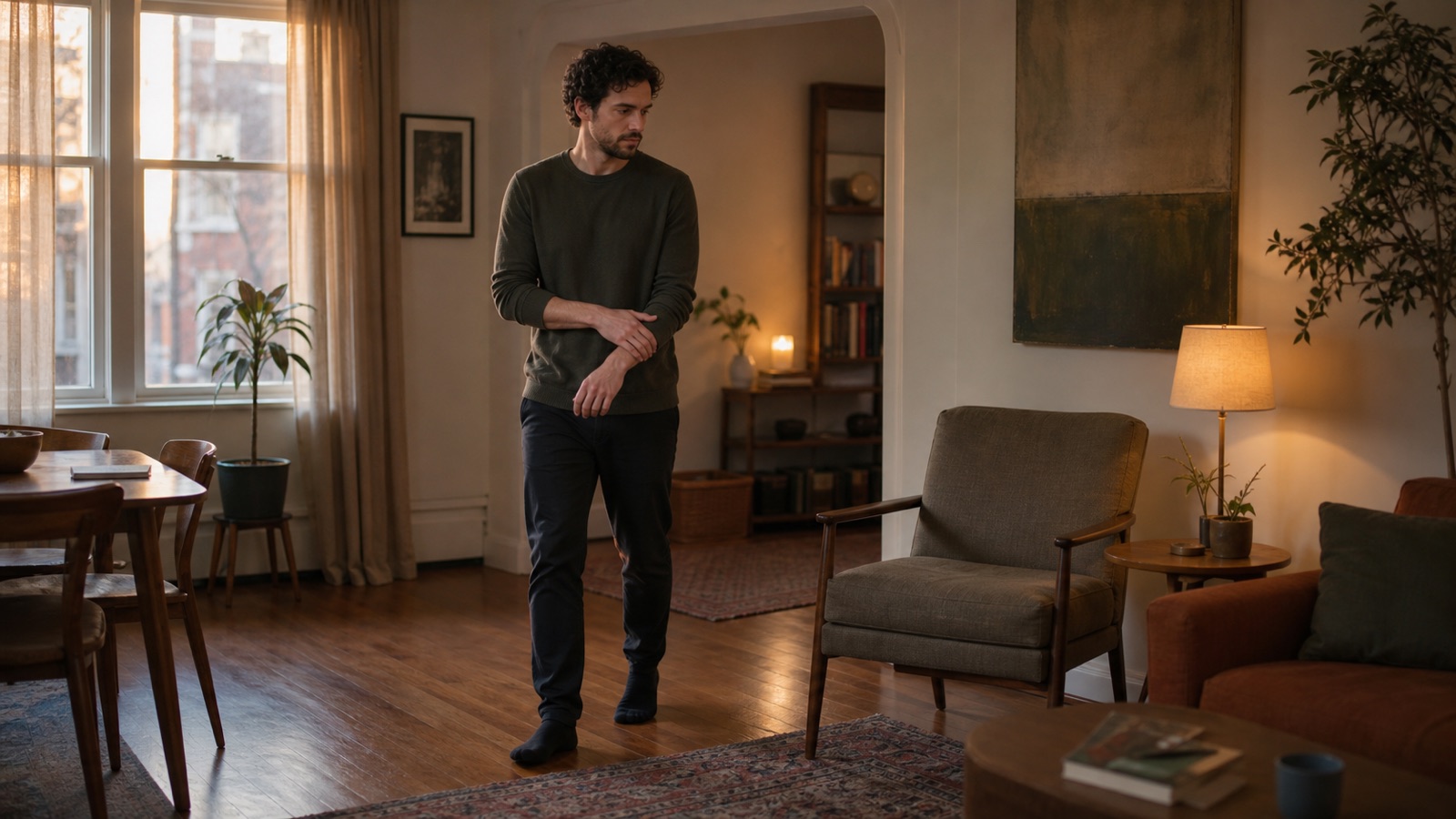 An adult paces beside an empty armchair in a warmly lit apartment