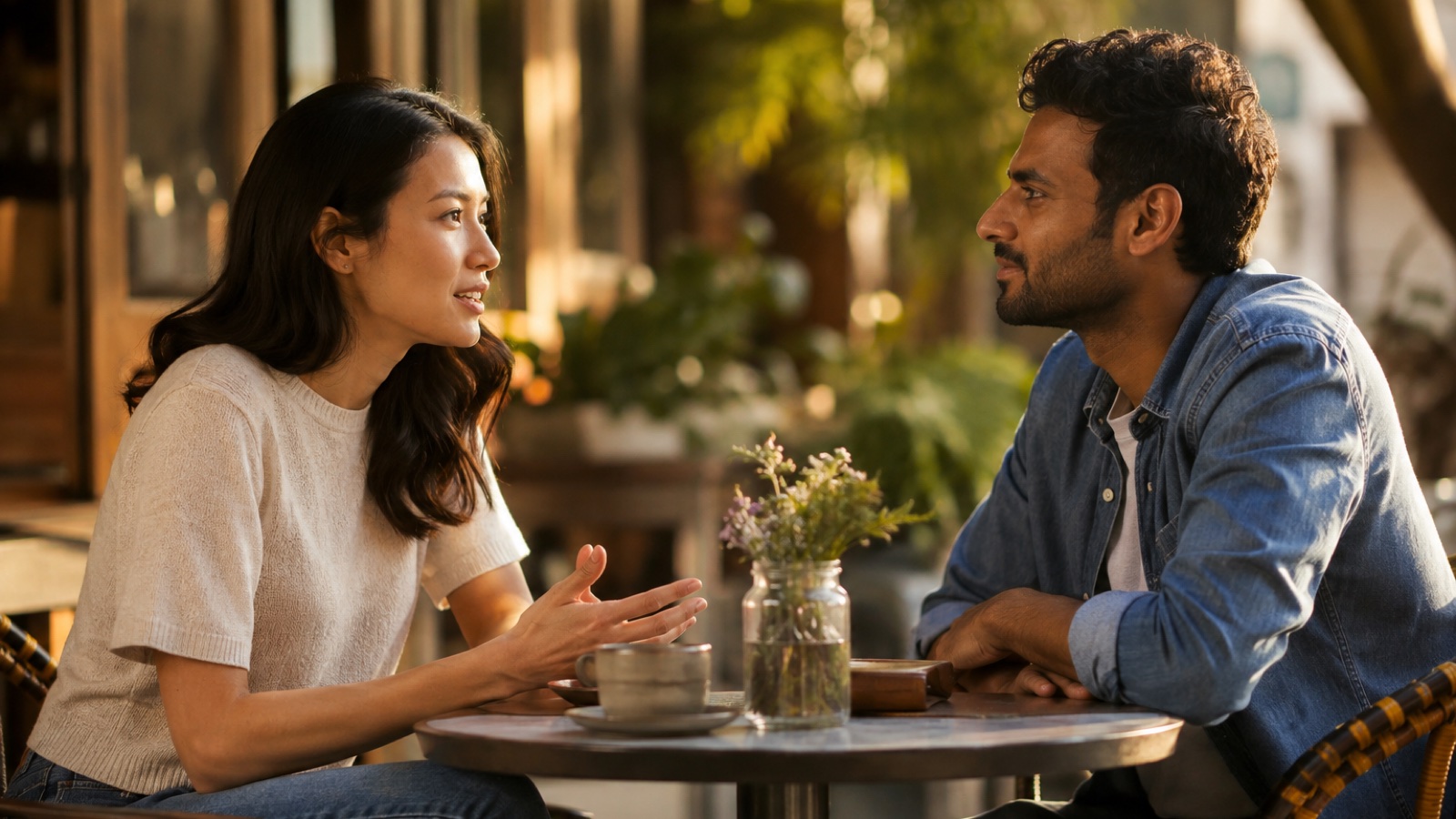 Two adults have a warm and attentive conversation across a cafe table