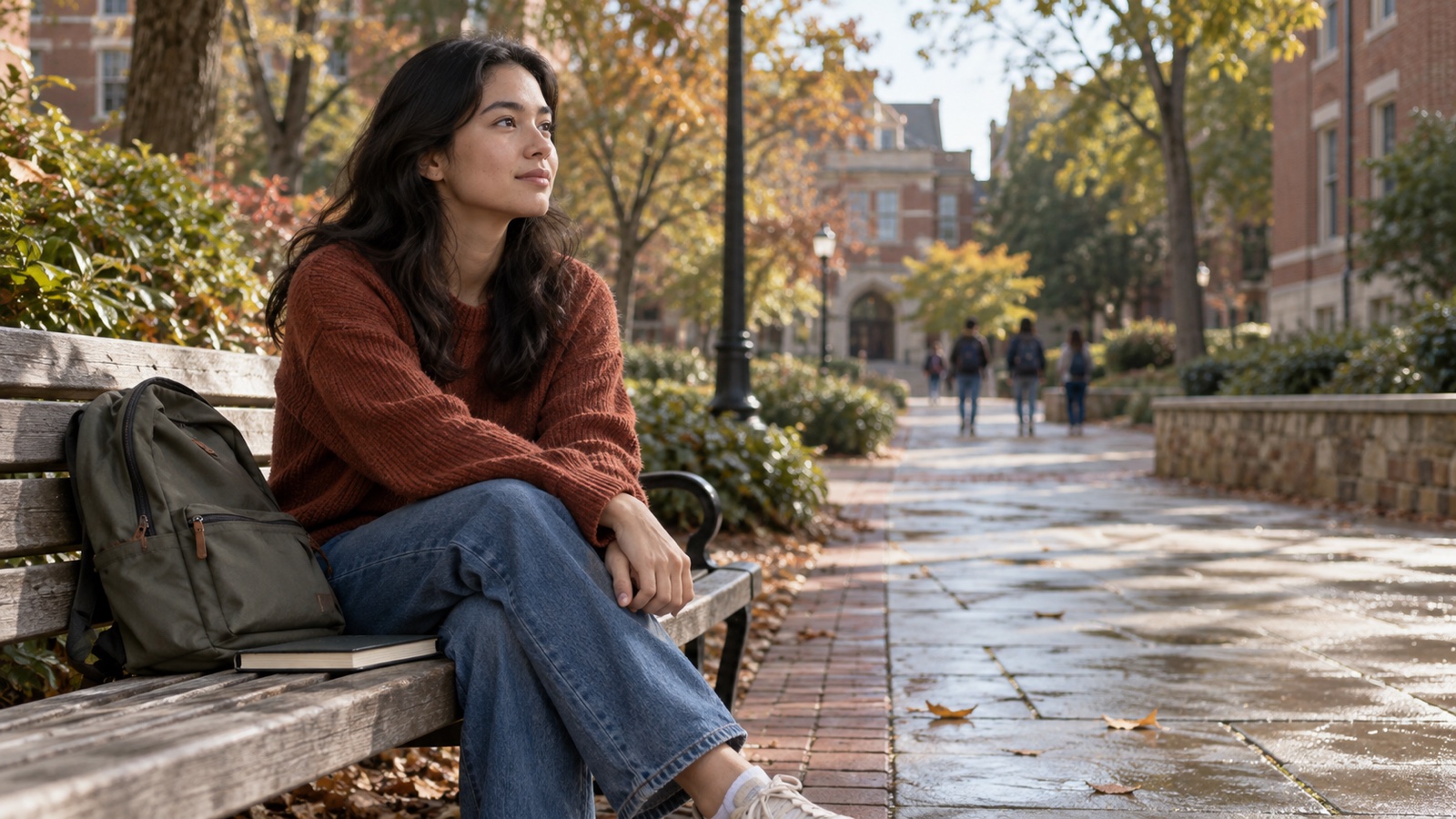 A college student sits thoughtfully on a campus bench with a backpack and closed notebook