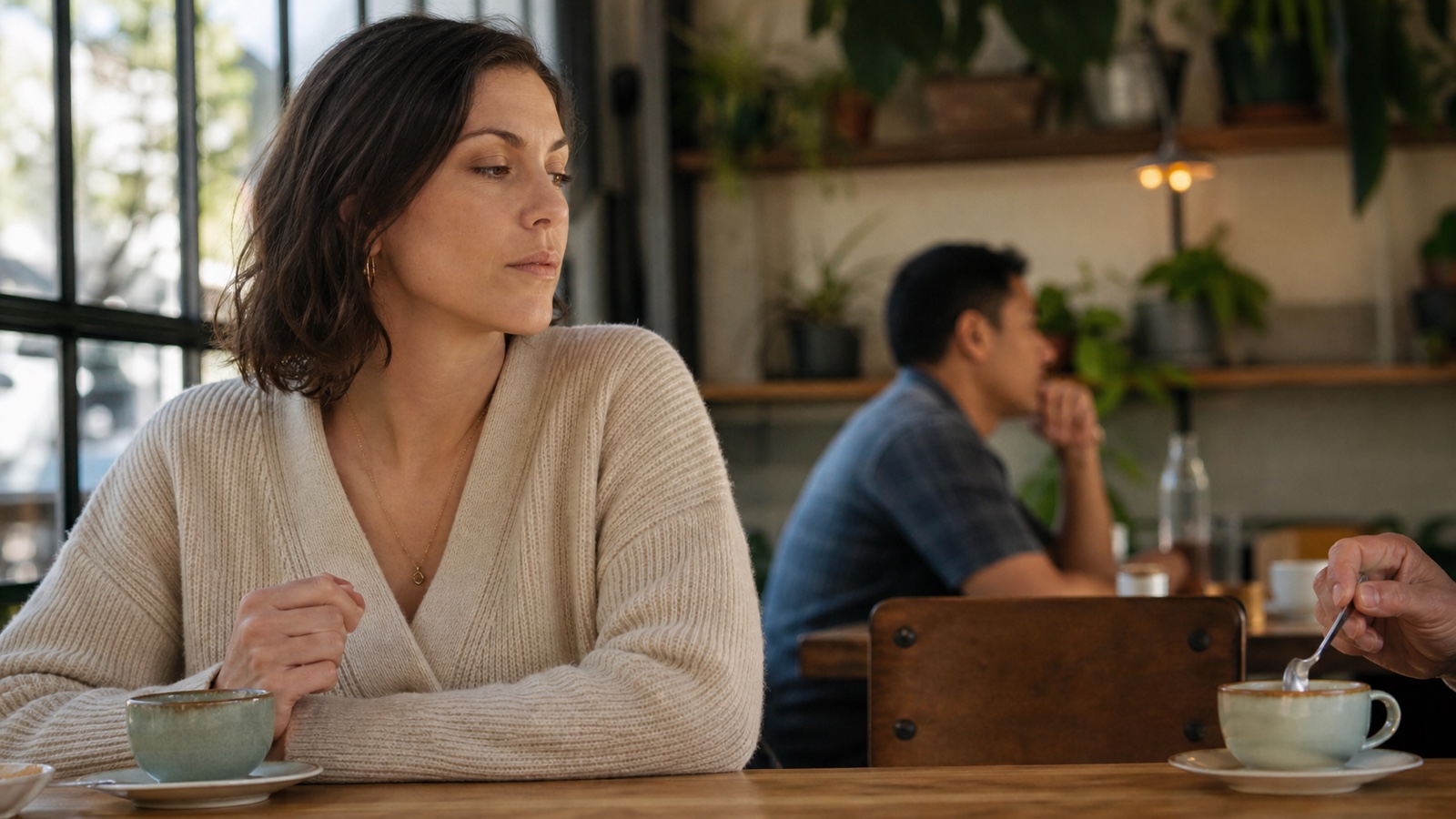 An adult pauses calmly as a spoon stirs a cup at a nearby cafe table
