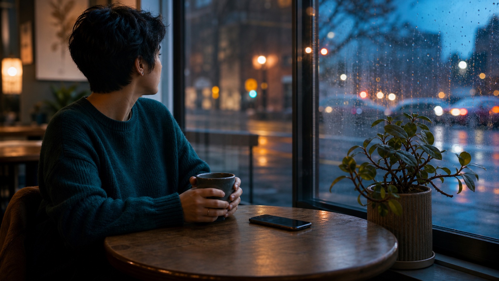 A person sits beside a rain-streaked cafe window with a phone face down on the table