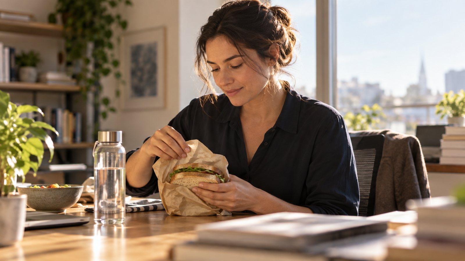 An adult takes a quiet lunch break with a sandwich and water at a sunny table
