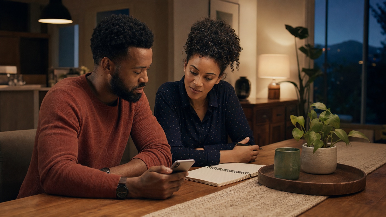 Two partners review a notebook together at a warmly lit dining table