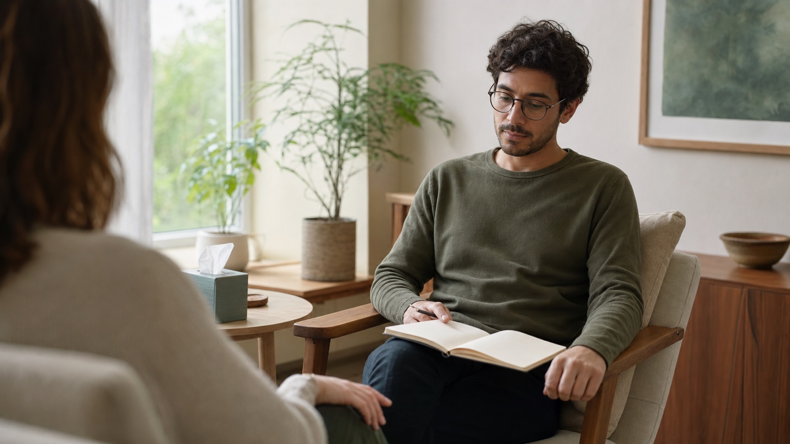 An adult pauses thoughtfully over an empty notebook during a therapy session