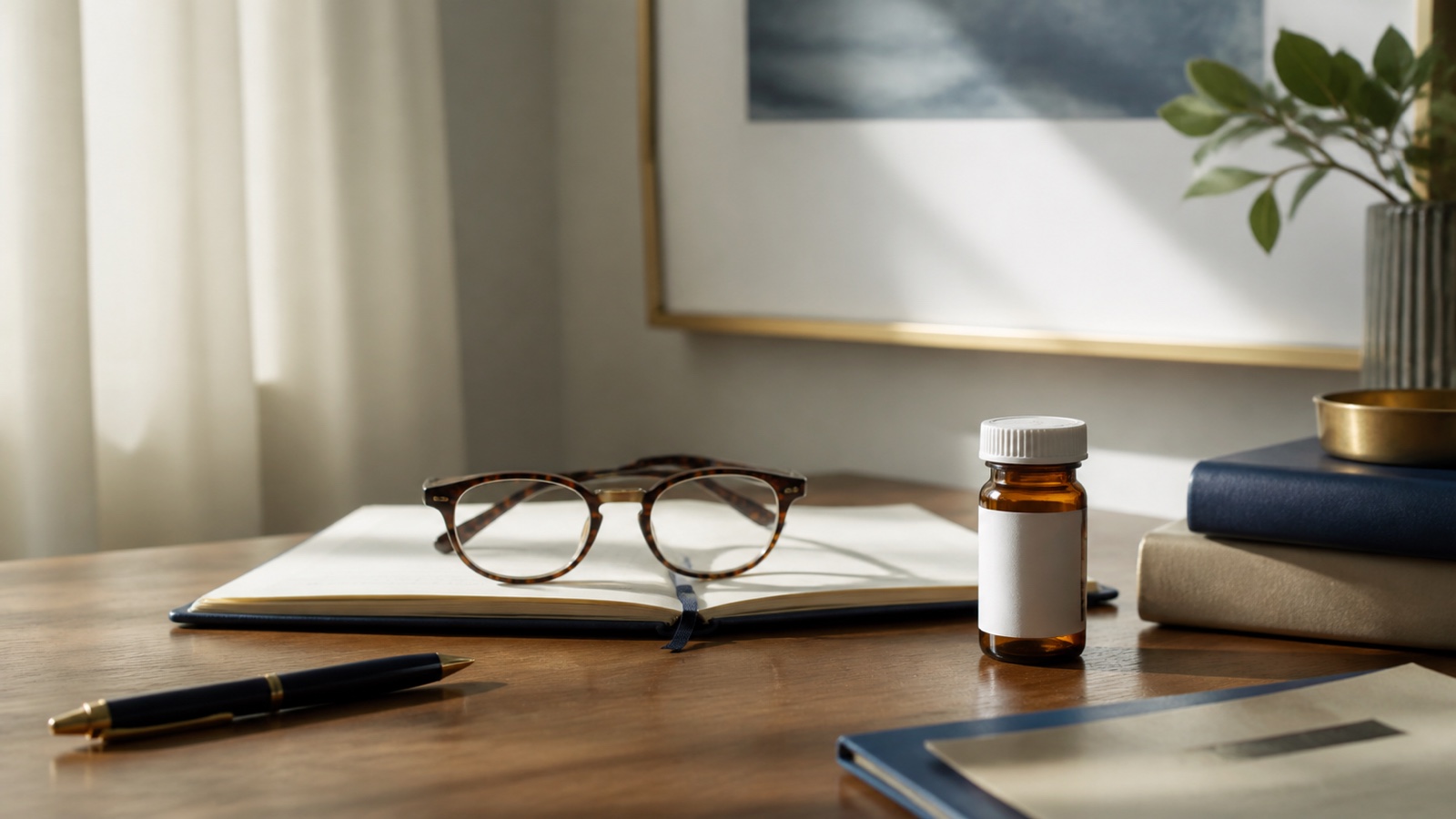 A prescription bottle, notebook, and reading glasses on a calm desk