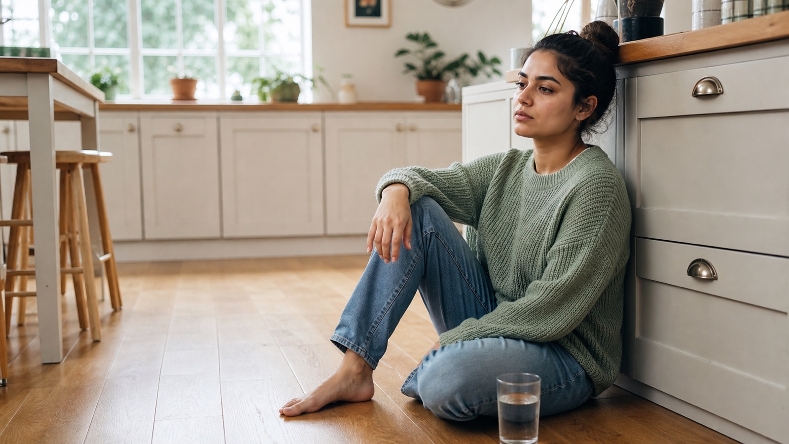 A young adult sits safely on a kitchen floor after feeling dizzy
