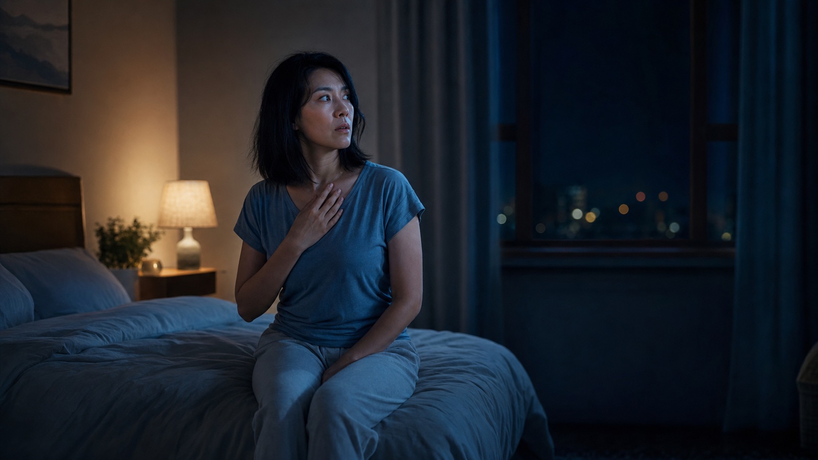 An adult sits awake on the edge of a bed after a sudden nighttime awakening