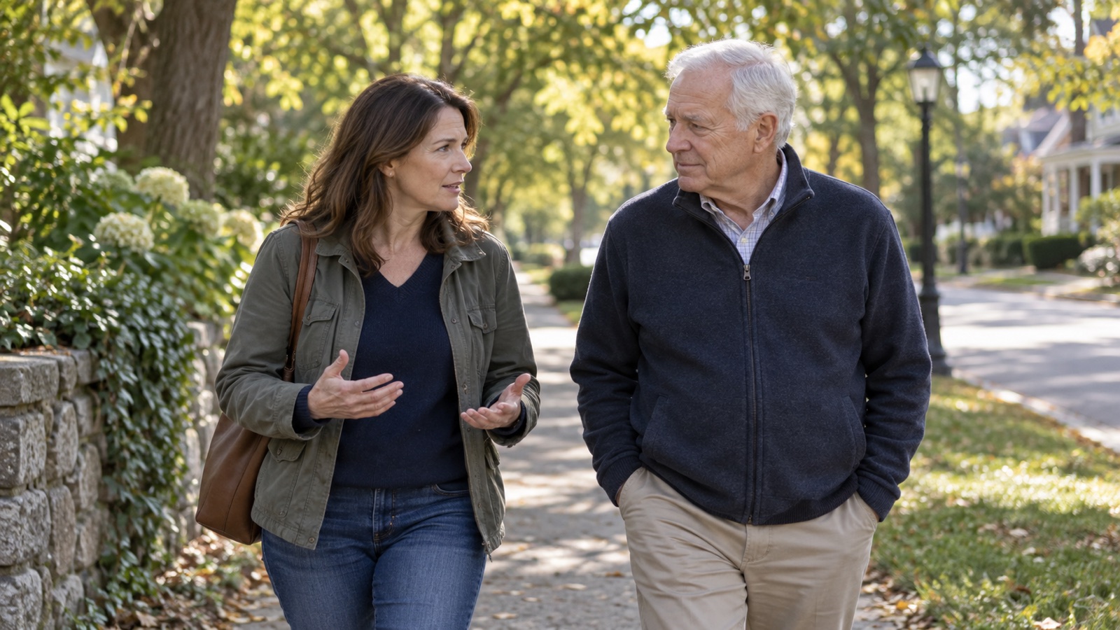 An adult daughter and older father talk while walking together on a tree-lined path