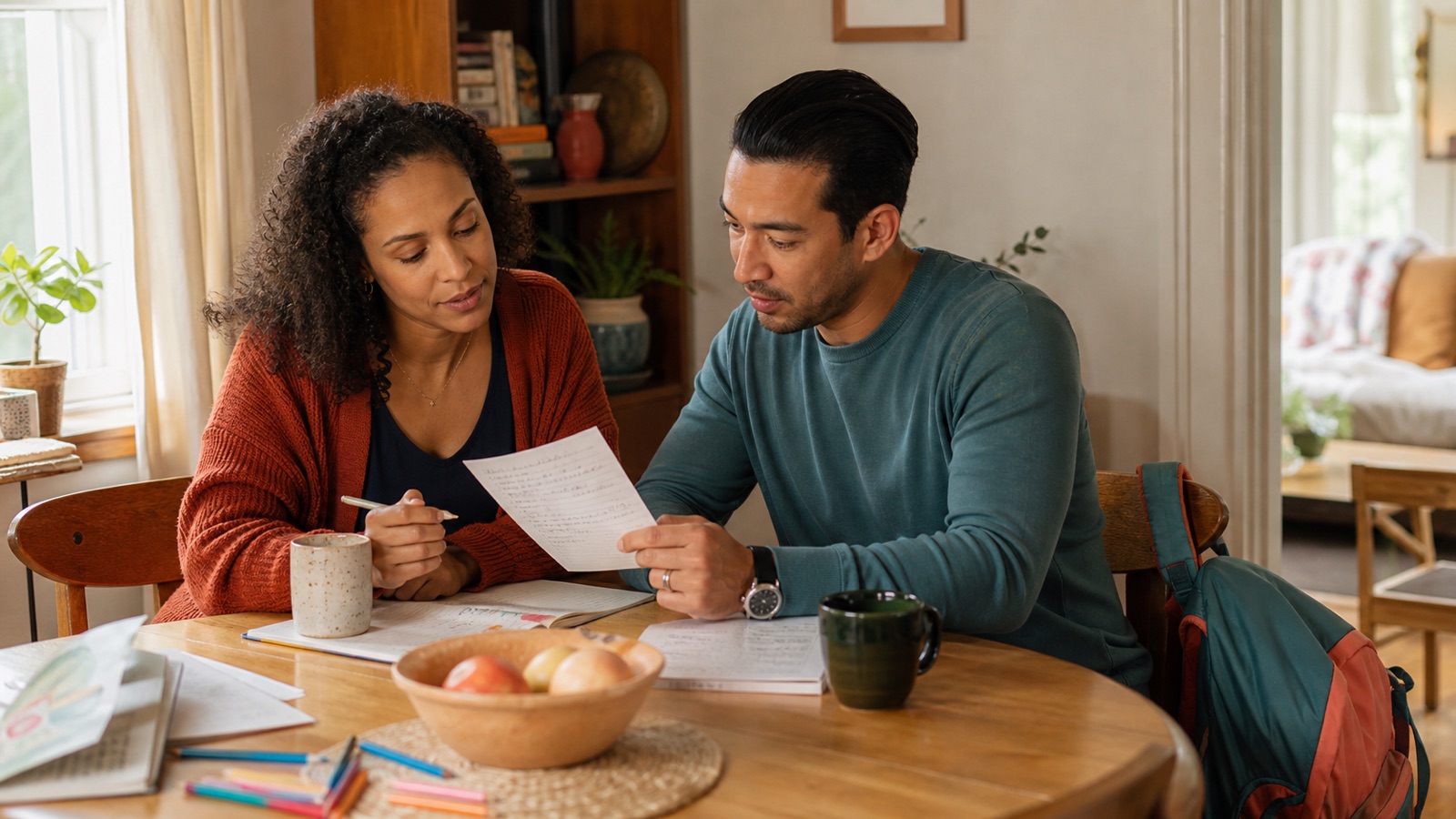 Two parents review a household plan together at the family table