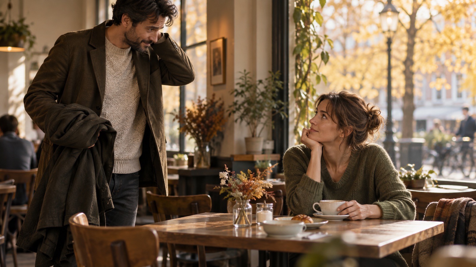 One partner arrives at a cafe while the other looks up from a cup of coffee