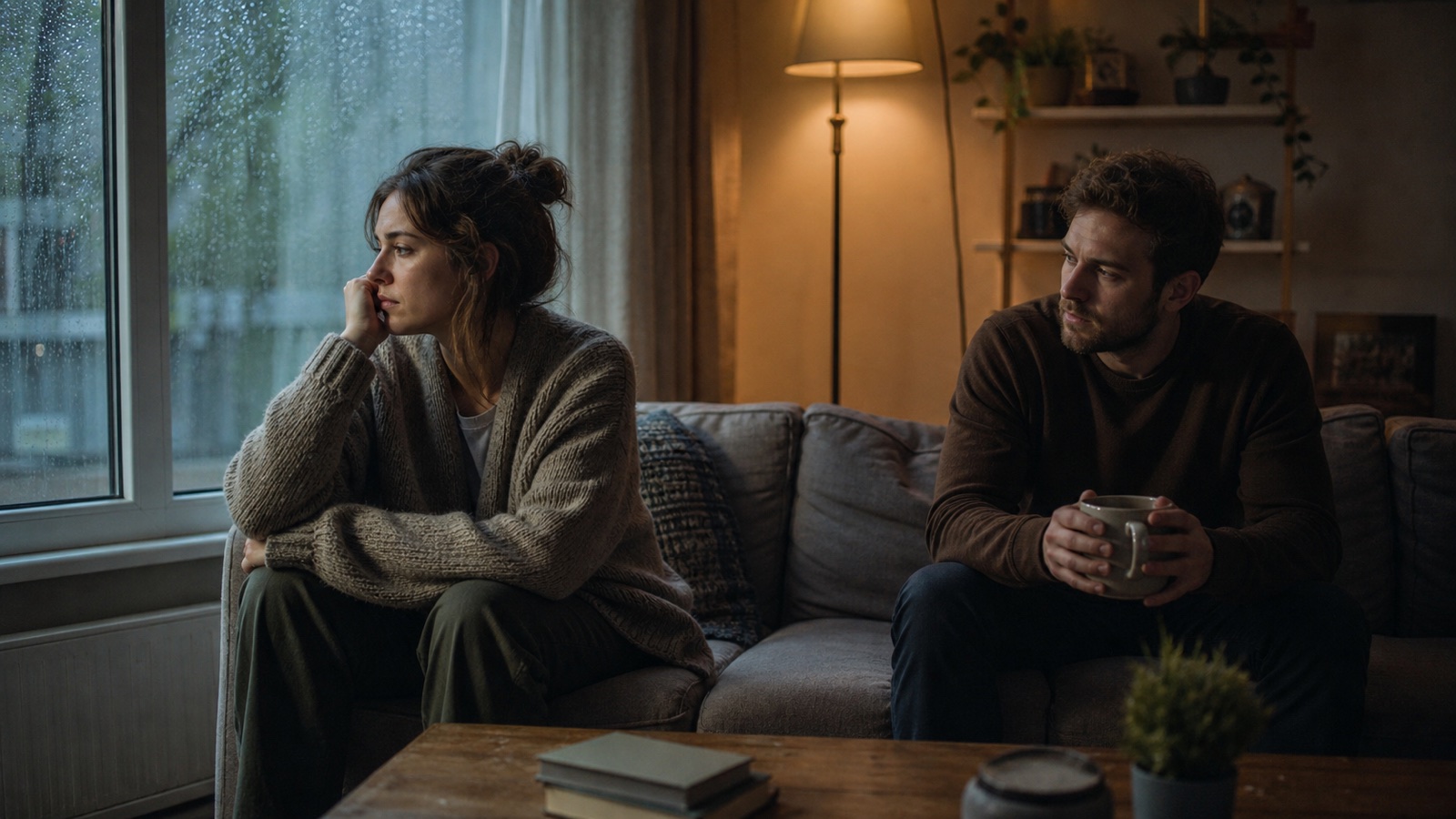 Two partners sit near each other while one looks out a rainy window