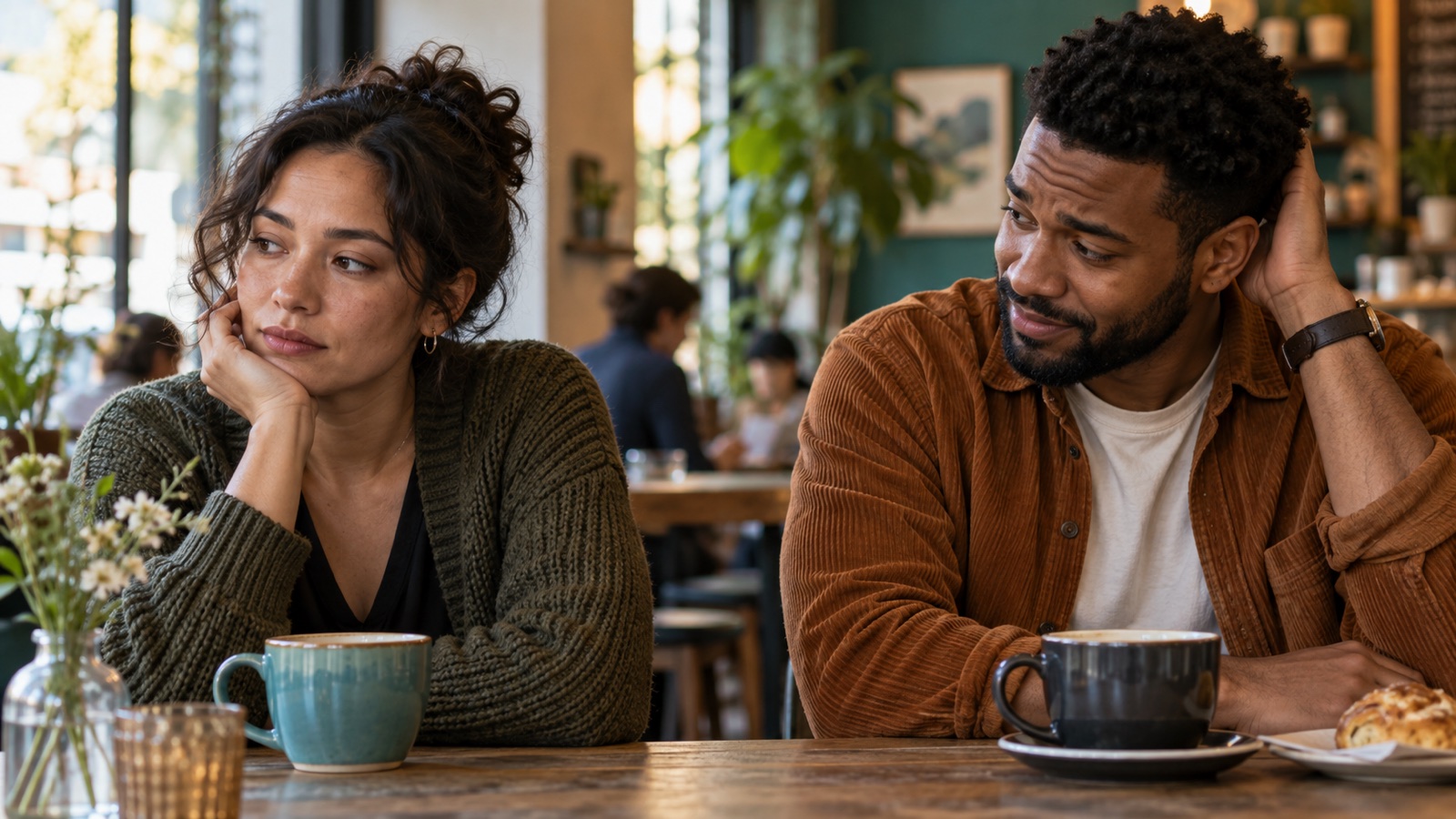 Two partners sit at a cafe table after a difficult joke lands awkwardly