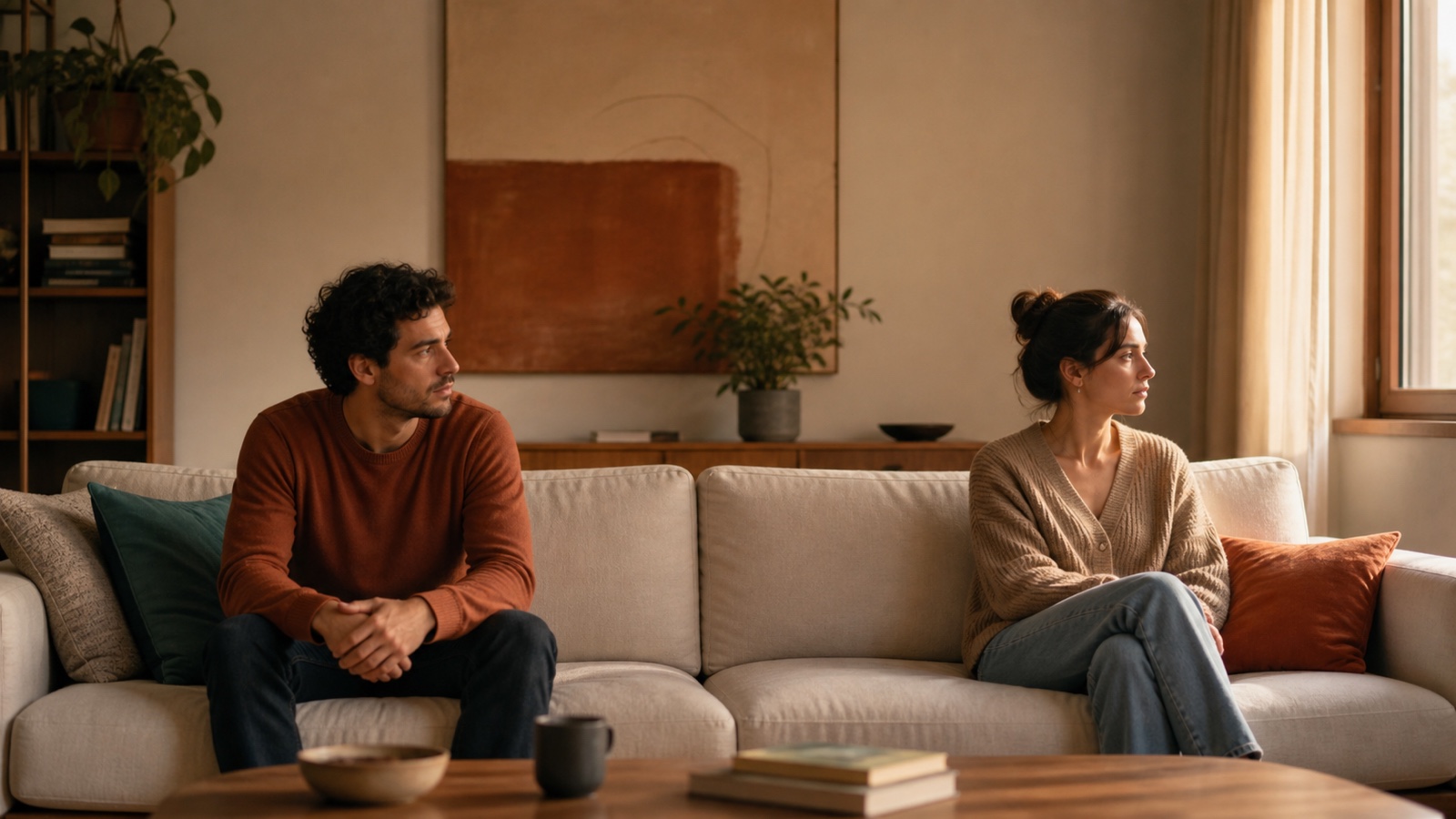 Two partners sit at opposite ends of a sofa with a quiet space between them
