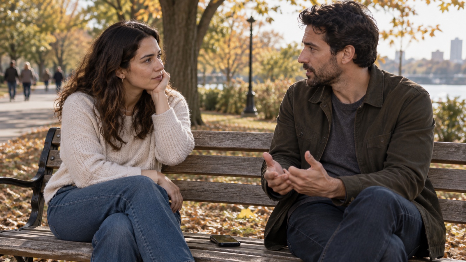 Two adults talk calmly on a park bench with a phone beside them